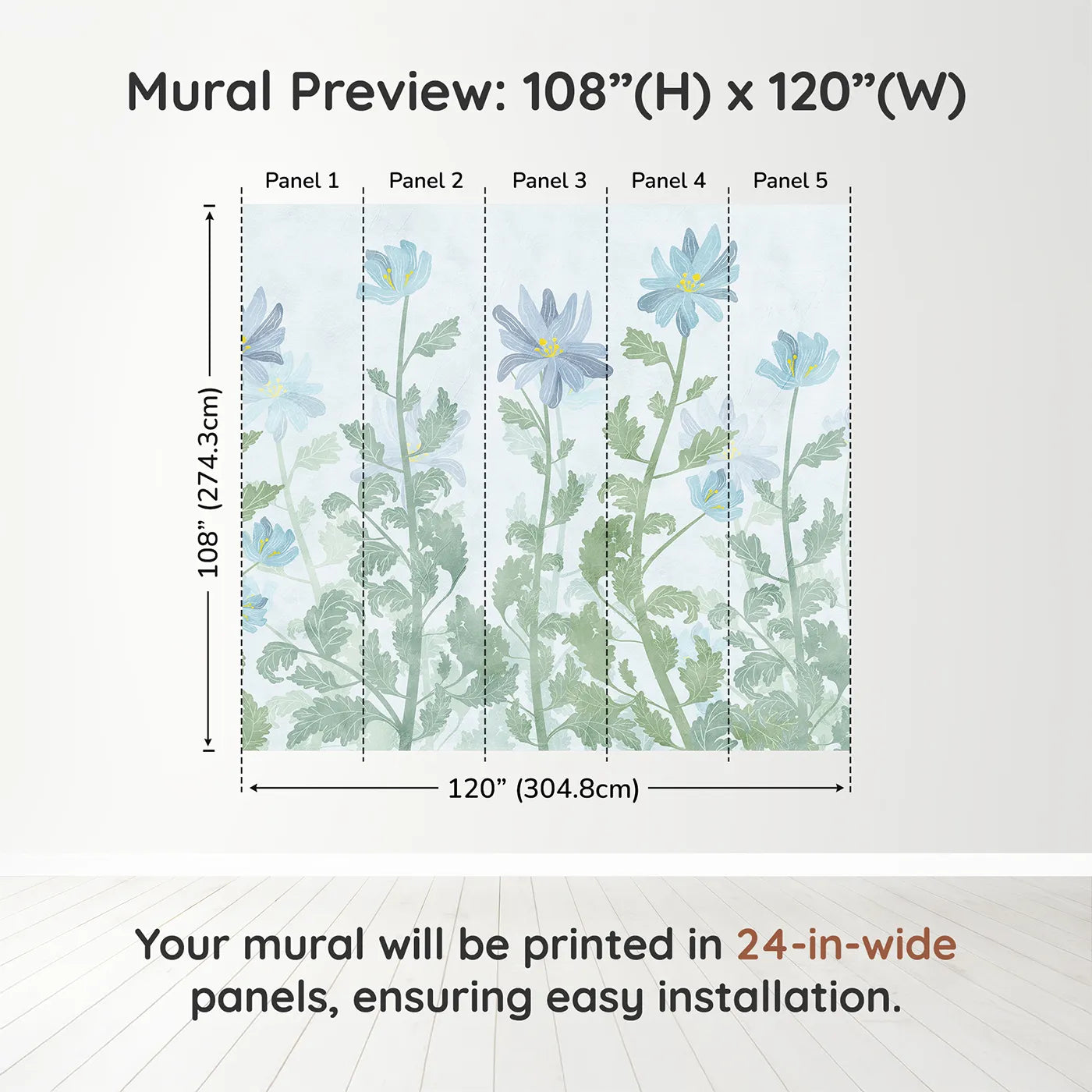 Whimsy Tots Blue Wildflower Field Wall Muraldimension view (108" H x 120" W). Printed in five 24-inch-wide panels. Gender-Neutral
