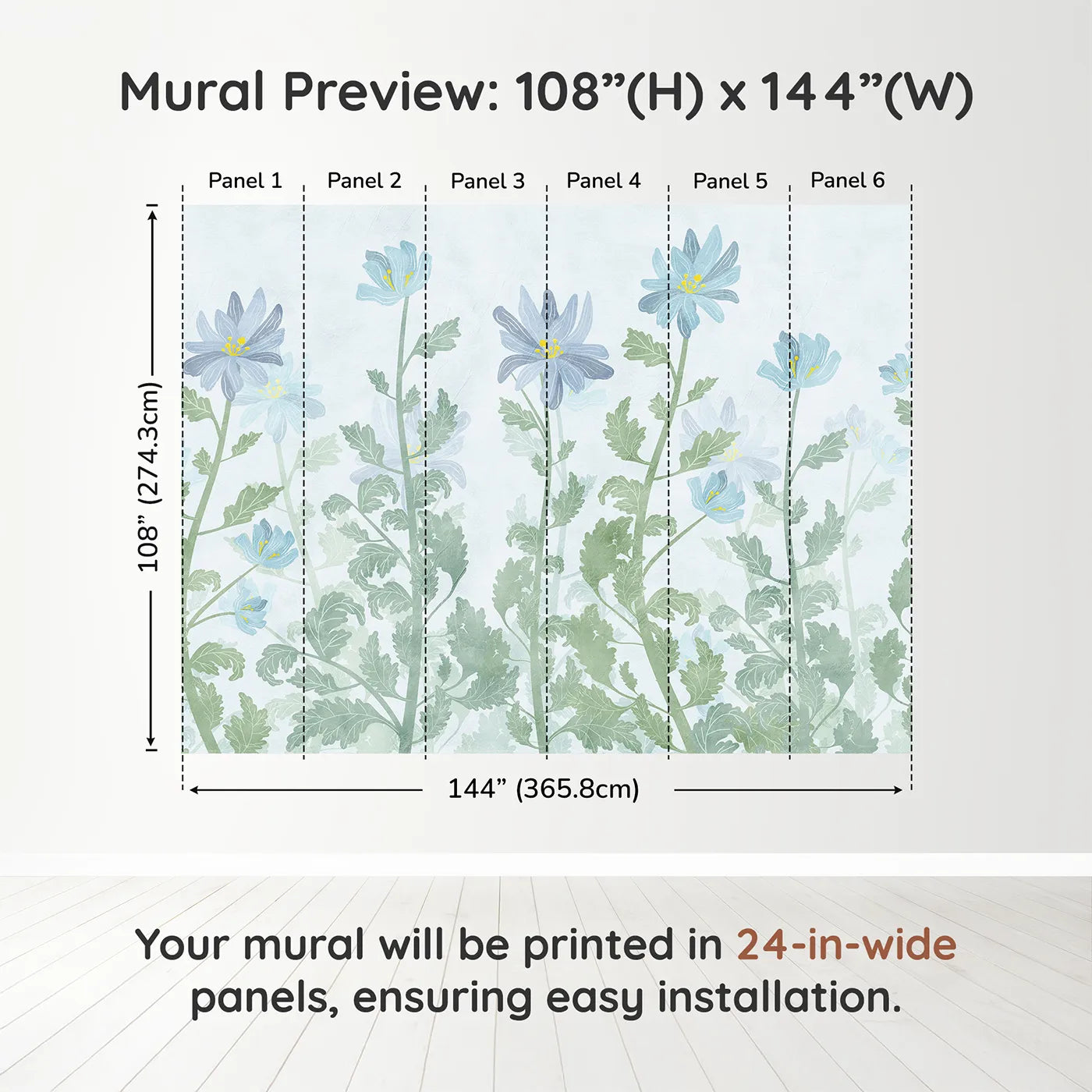 Whimsy Tots Blue Wildflower Field Wall Muraldimension view (108" H x 144" W). Printed in six 24-inch-wide panels. Gender-Neutral