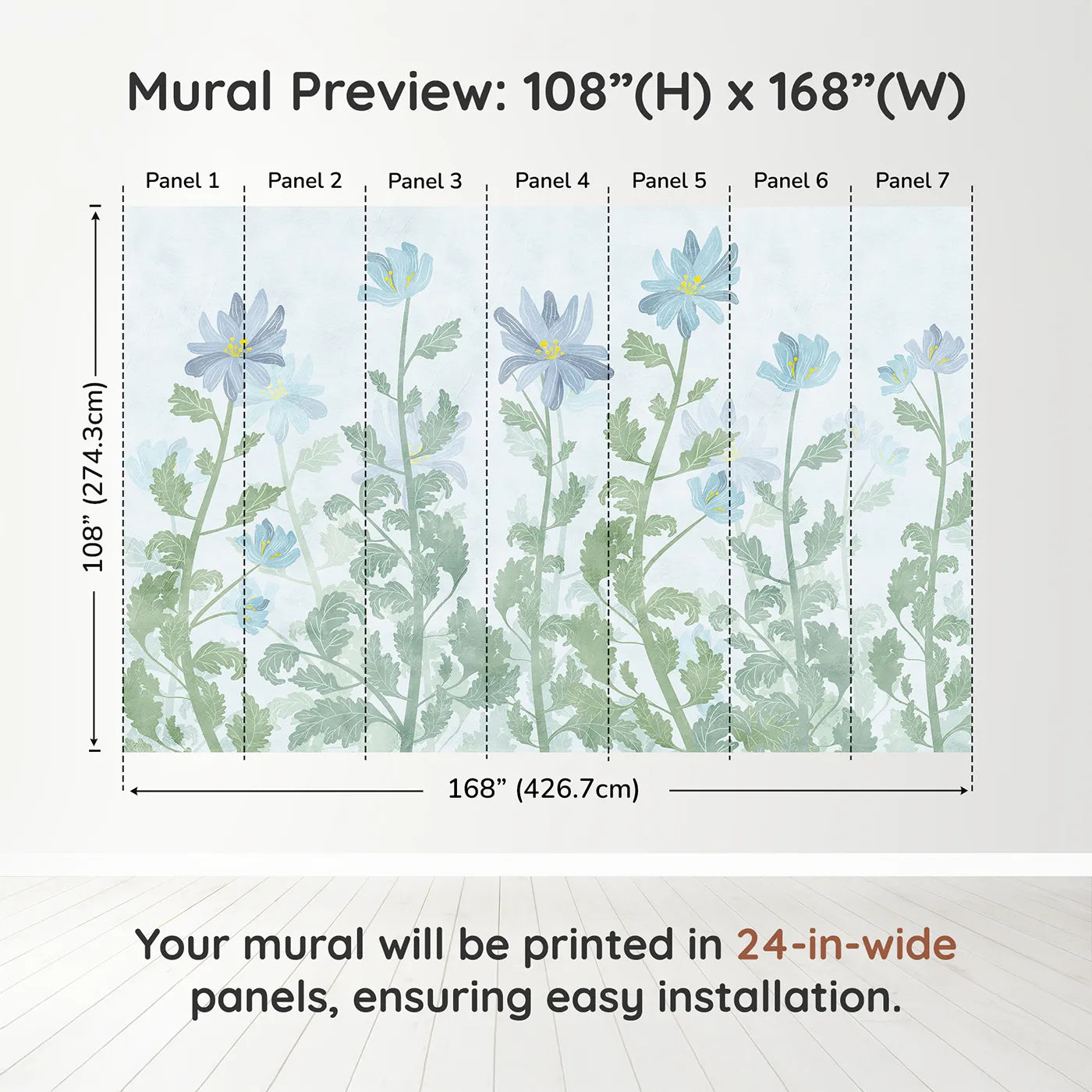 Whimsy Tots Blue Wildflower Field Wall Muraldimension view (108" H x 168" W). Printed in seven 24-inch-wide panels. Gender-Neutral