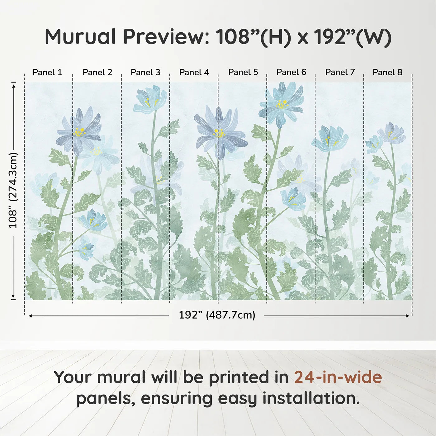 Whimsy Tots Blue Wildflower Field Wall Muraldimension view (108" H x 192" W). Printed in eight 24-inch-wide panels. Gender-Neutral
