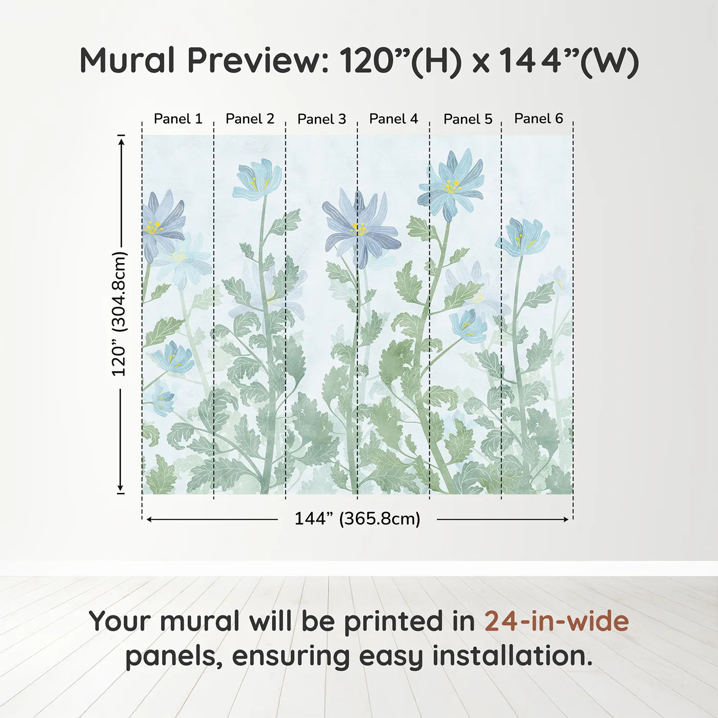 Whimsy Tots Blue Wildflower Field Wall Muraldimension view (120" H x 144" W). Printed in six 24-inch-wide panels. Gender-Neutral
