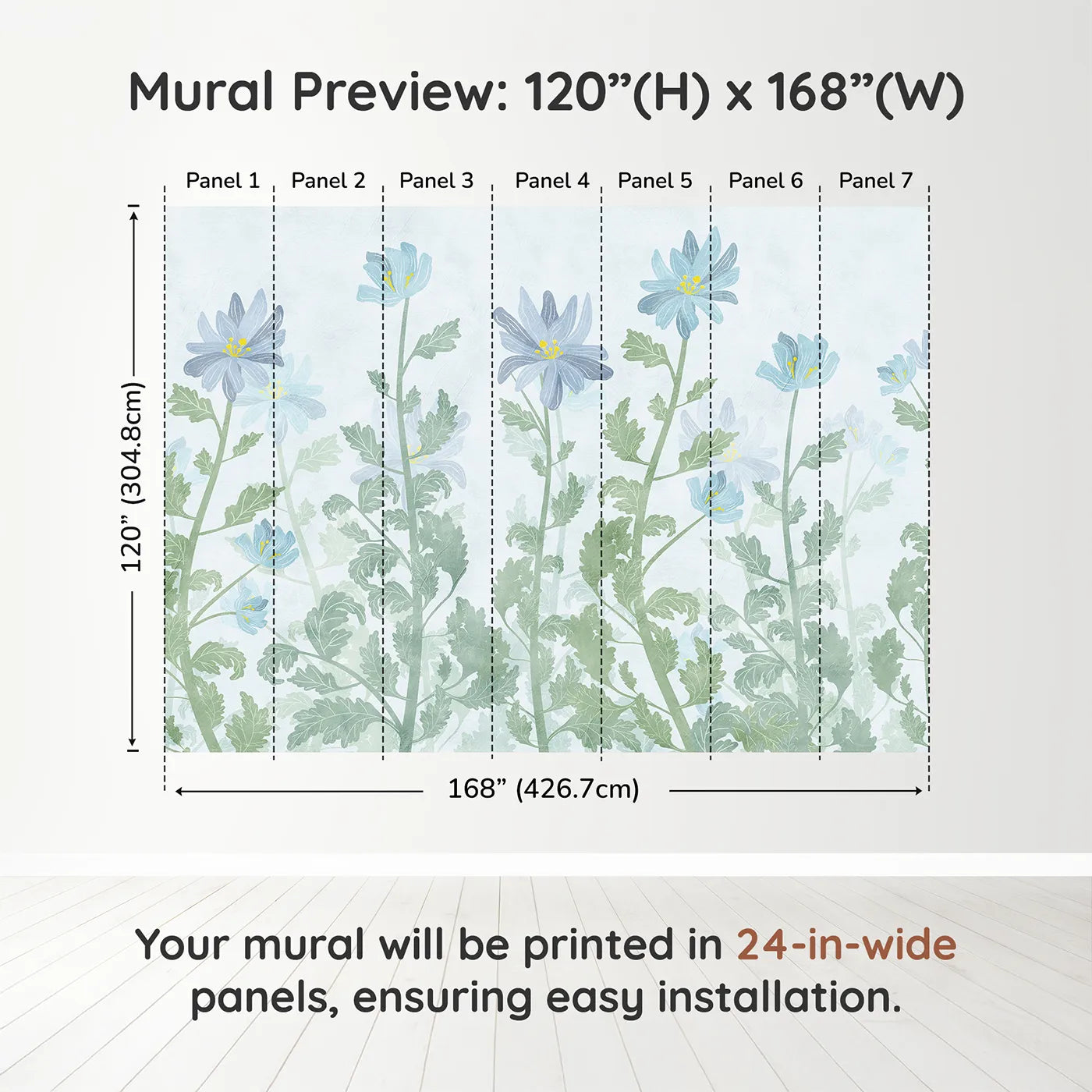 Whimsy Tots Blue Wildflower Field Wall Muraldimension view (120" H x 168" W). Printed in seven 24-inch-wide panels. Gender-Neutral