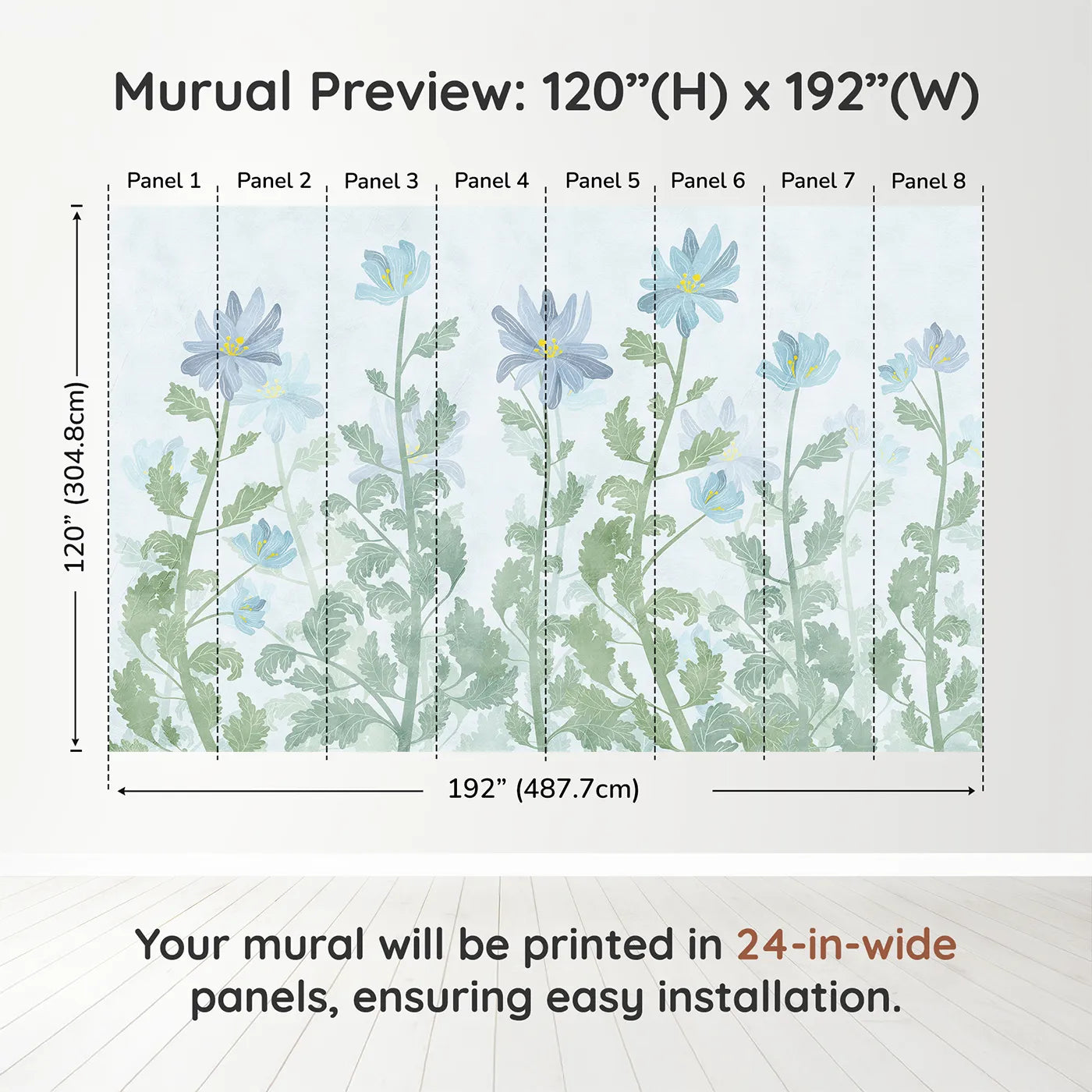 Whimsy Tots Blue Wildflower Field Wall Muraldimension view (120" H x 192" W). Printed in eight 24-inch-wide panels. Gender-Neutral