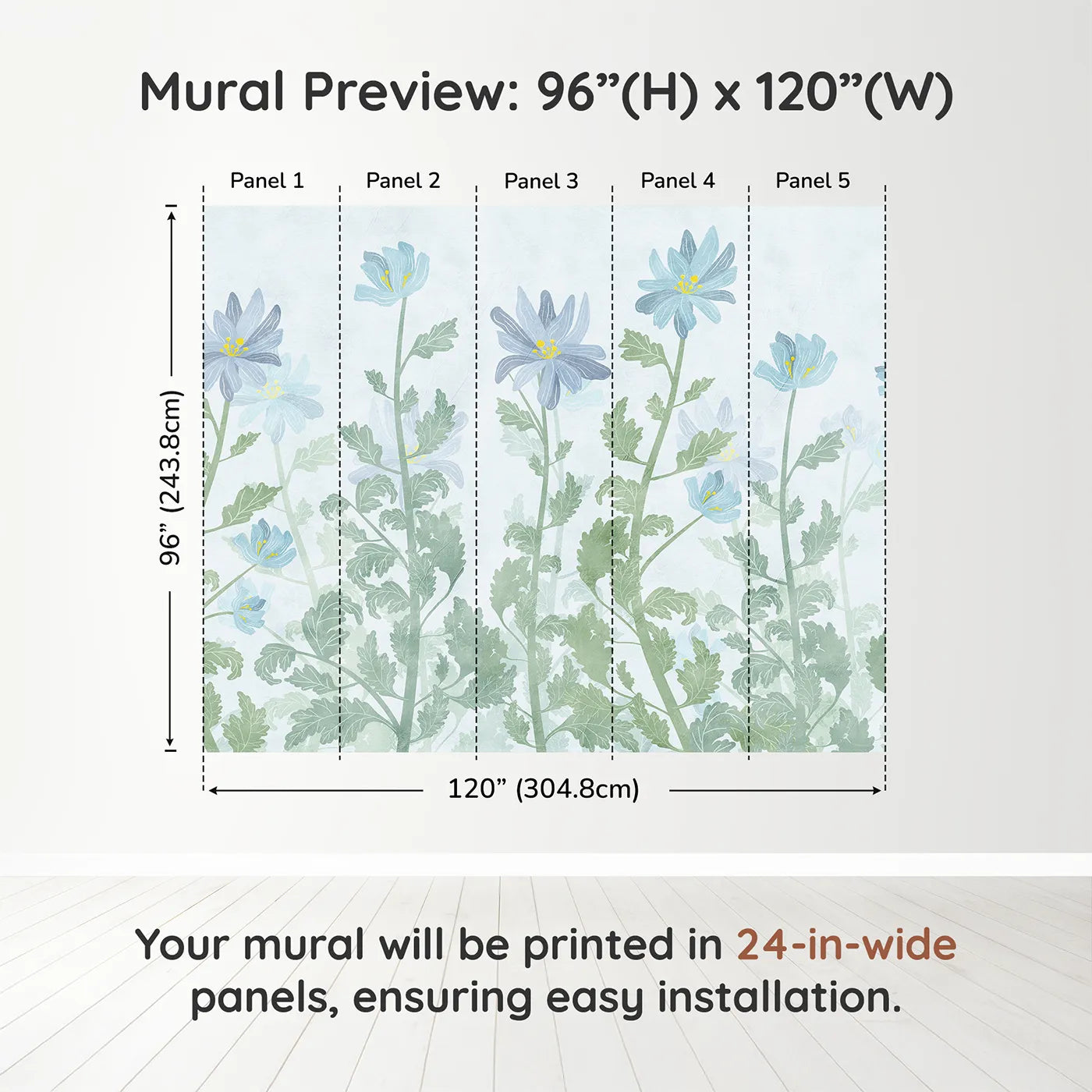Whimsy Tots Blue Wildflower Field Wall Muraldimension view (96" H x 120" W). Printed in five 24-inch-wide panels. Gender-Neutral