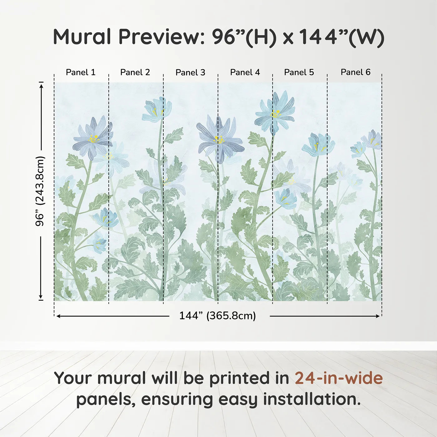 Whimsy Tots Blue Wildflower Field Wall Muraldimension view (96" H x 144" W). Printed in six 24-inch-wide panels. Gender-Neutral