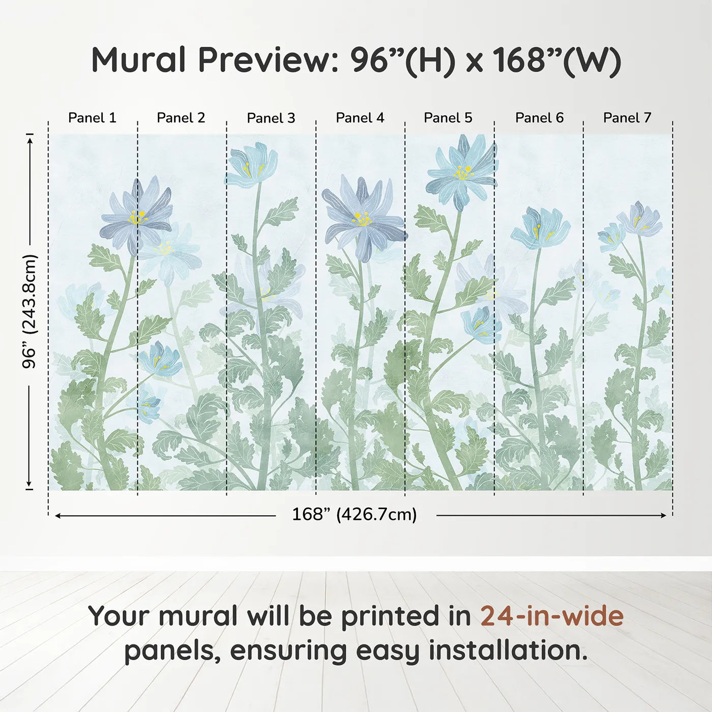 Whimsy Tots Blue Wildflower Field Wall Muraldimension view (96" H x 168" W). Printed in seven 24-inch-wide panels. Gender-Neutral