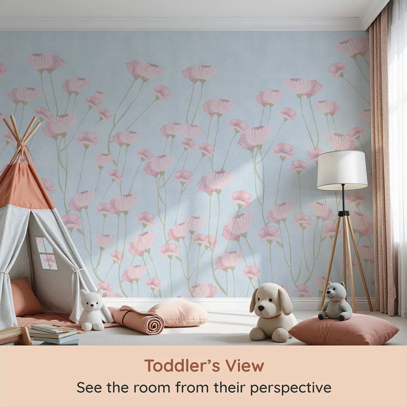 Whimsy Tots Pink Wildflower Field Wall Mural (Turn Their Room into a Field of Gentle, Painted Flowers) from your child's view.Best for Girls