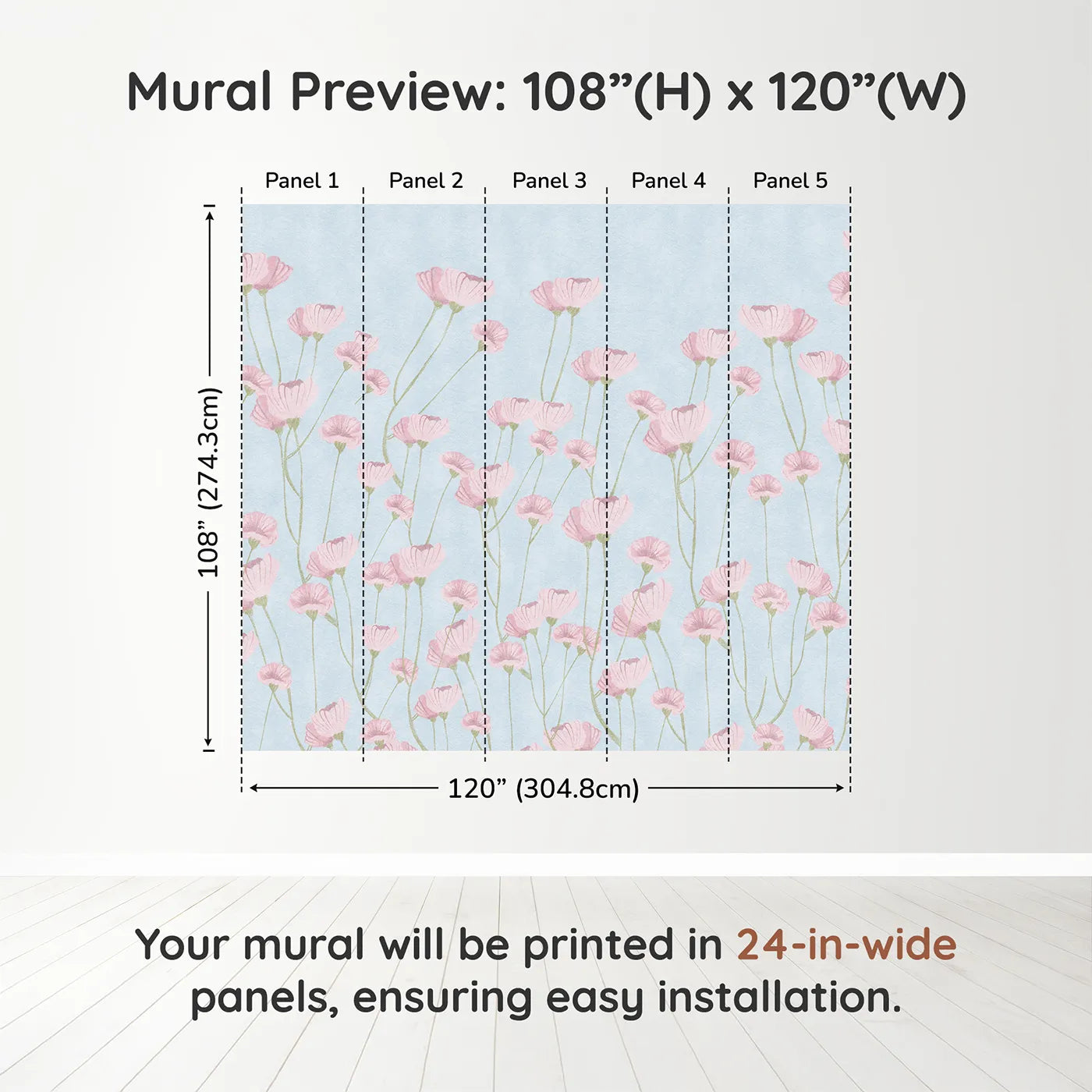 Whimsy Tots Pink Wildflower Field Wall Muraldimension view (108" H x 120" W). Printed in five 24-inch-wide panels. Best for Girls