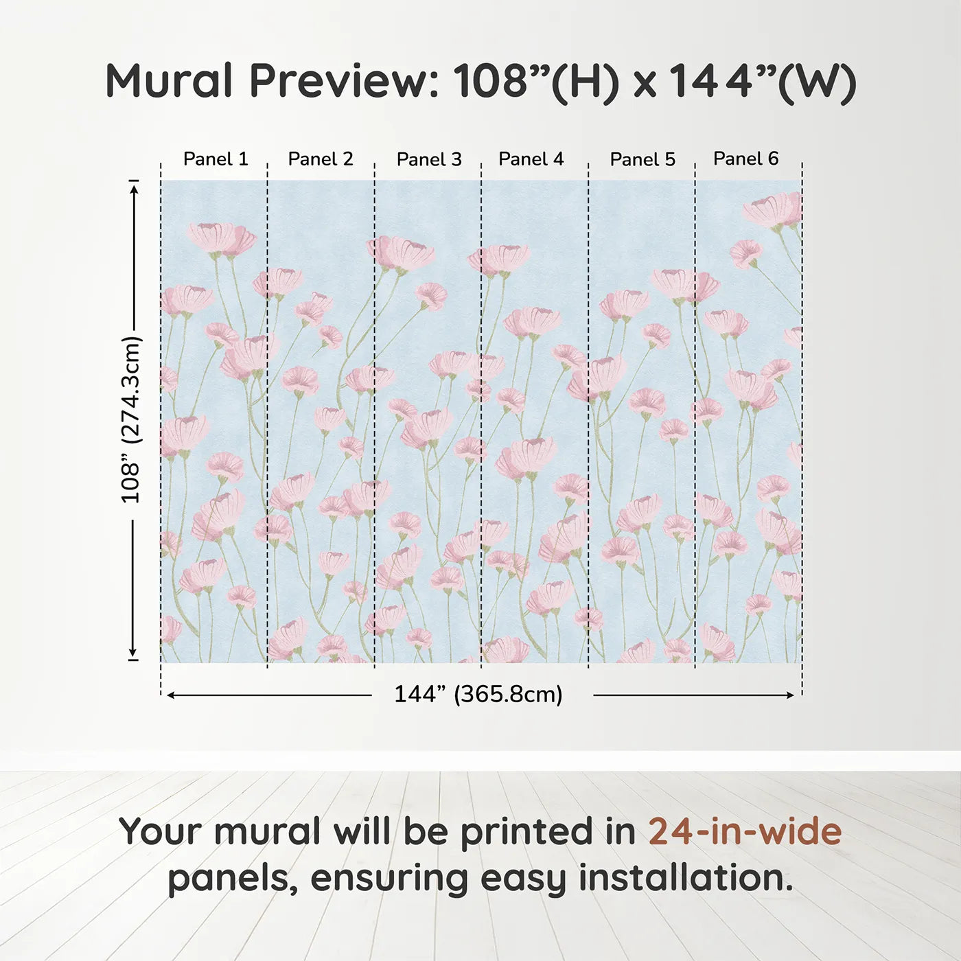 Whimsy Tots Pink Wildflower Field Wall Muraldimension view (108" H x 144" W). Printed in six 24-inch-wide panels. Best for Girls