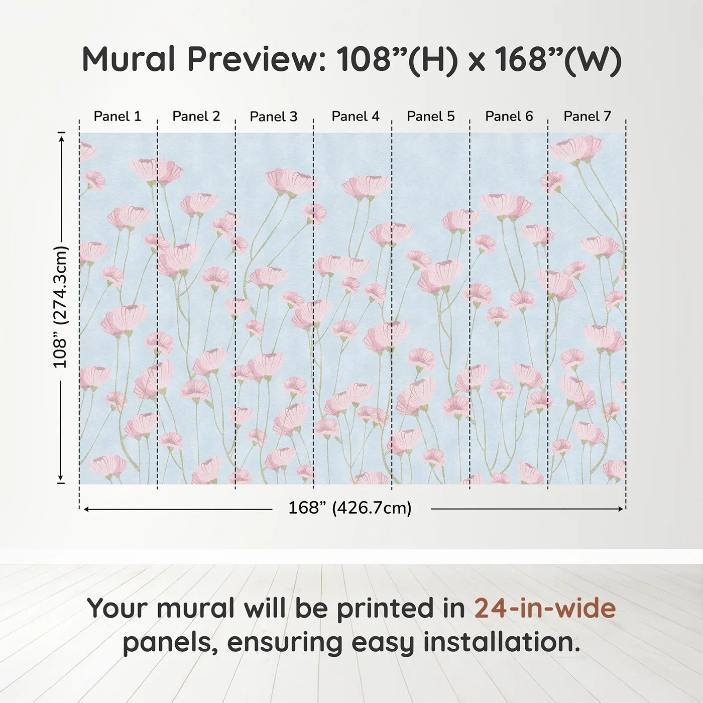 Whimsy Tots Pink Wildflower Field Wall Muraldimension view (108" H x 168" W). Printed in seven 24-inch-wide panels. Best for Girls