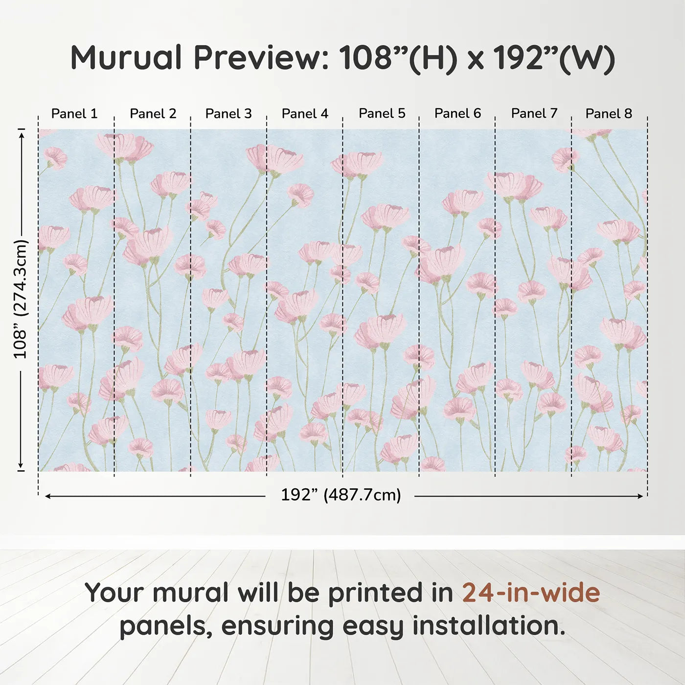 Whimsy Tots Pink Wildflower Field Wall Muraldimension view (108" H x 192" W). Printed in eight 24-inch-wide panels. Best for Girls