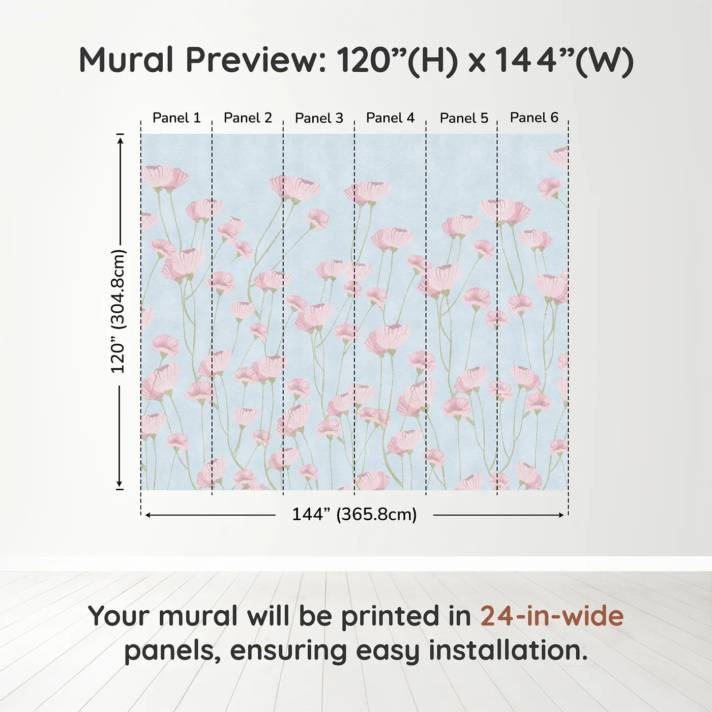 Whimsy Tots Pink Wildflower Field Wall Muraldimension view (120" H x 144" W). Printed in six 24-inch-wide panels. Best for Girls