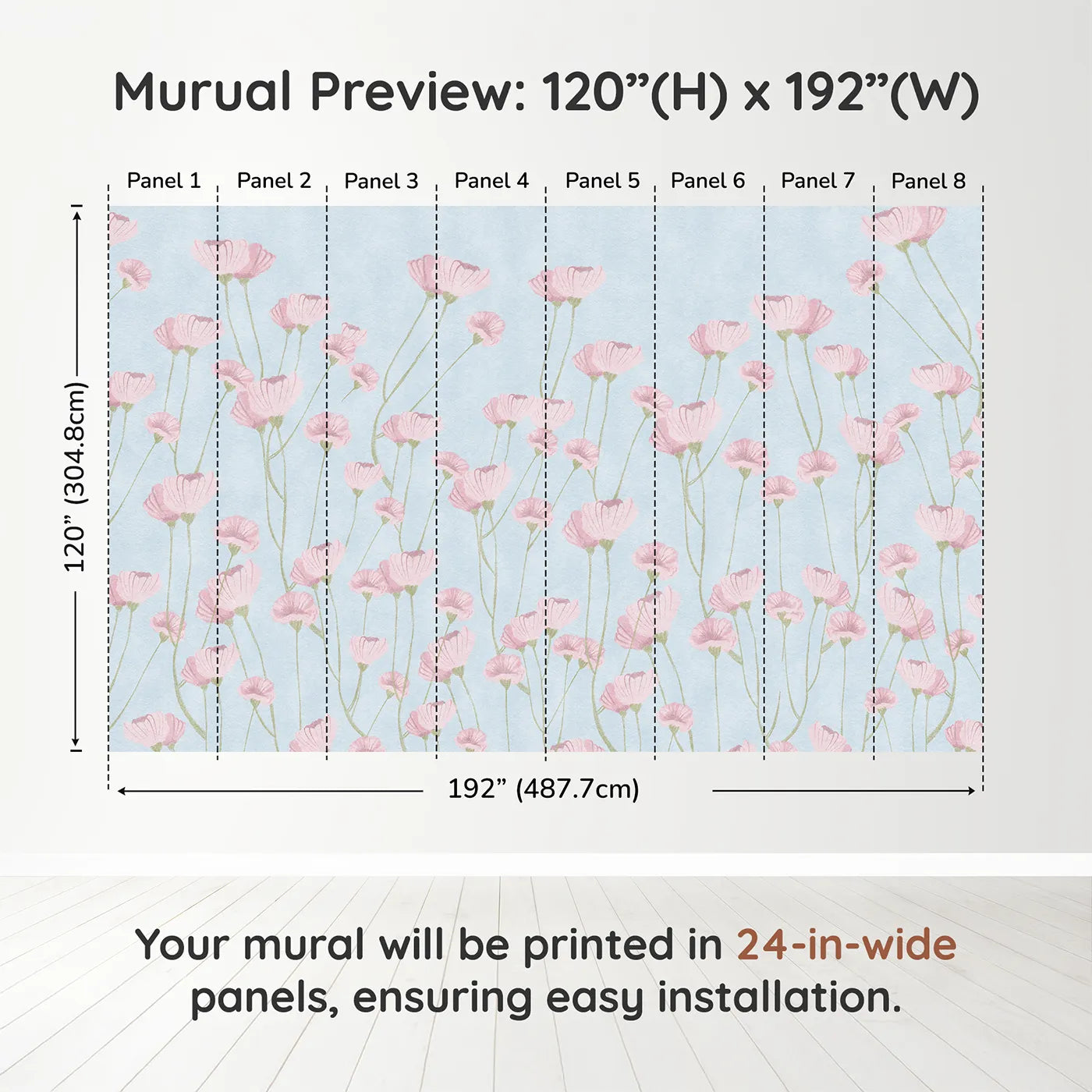 Whimsy Tots Pink Wildflower Field Wall Muraldimension view (120" H x 192" W). Printed in eight 24-inch-wide panels. Best for Girls