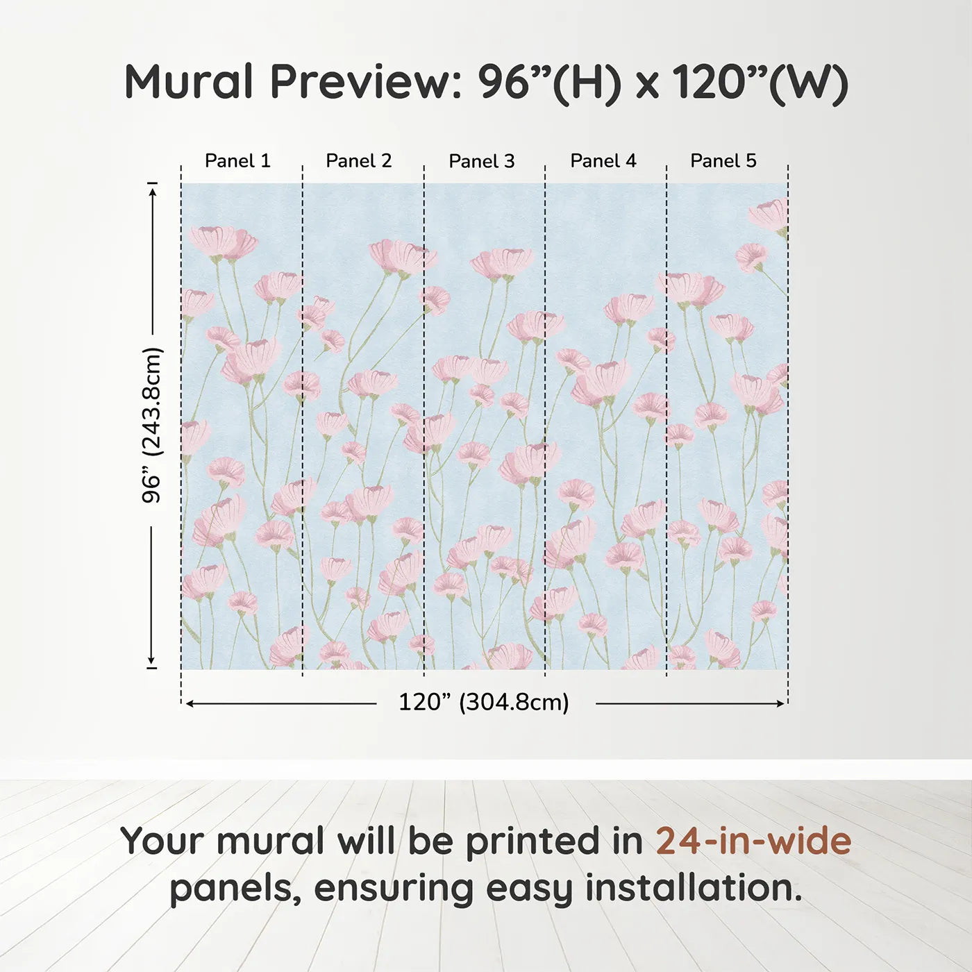 Whimsy Tots Pink Wildflower Field Wall Muraldimension view (96" H x 120" W). Printed in five 24-inch-wide panels. Best for Girls