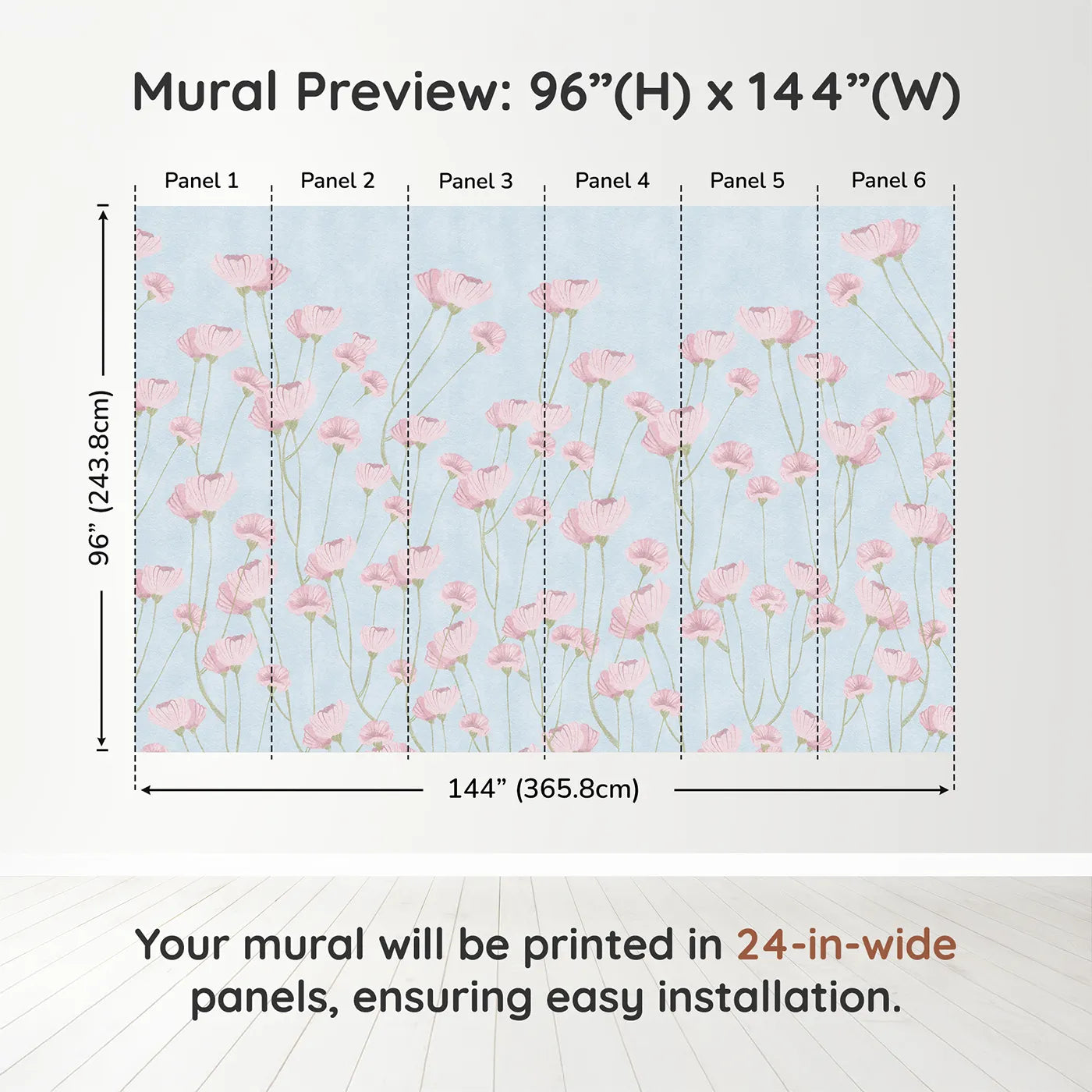 Whimsy Tots Pink Wildflower Field Wall Muraldimension view (96" H x 144" W). Printed in six 24-inch-wide panels. Best for Girls