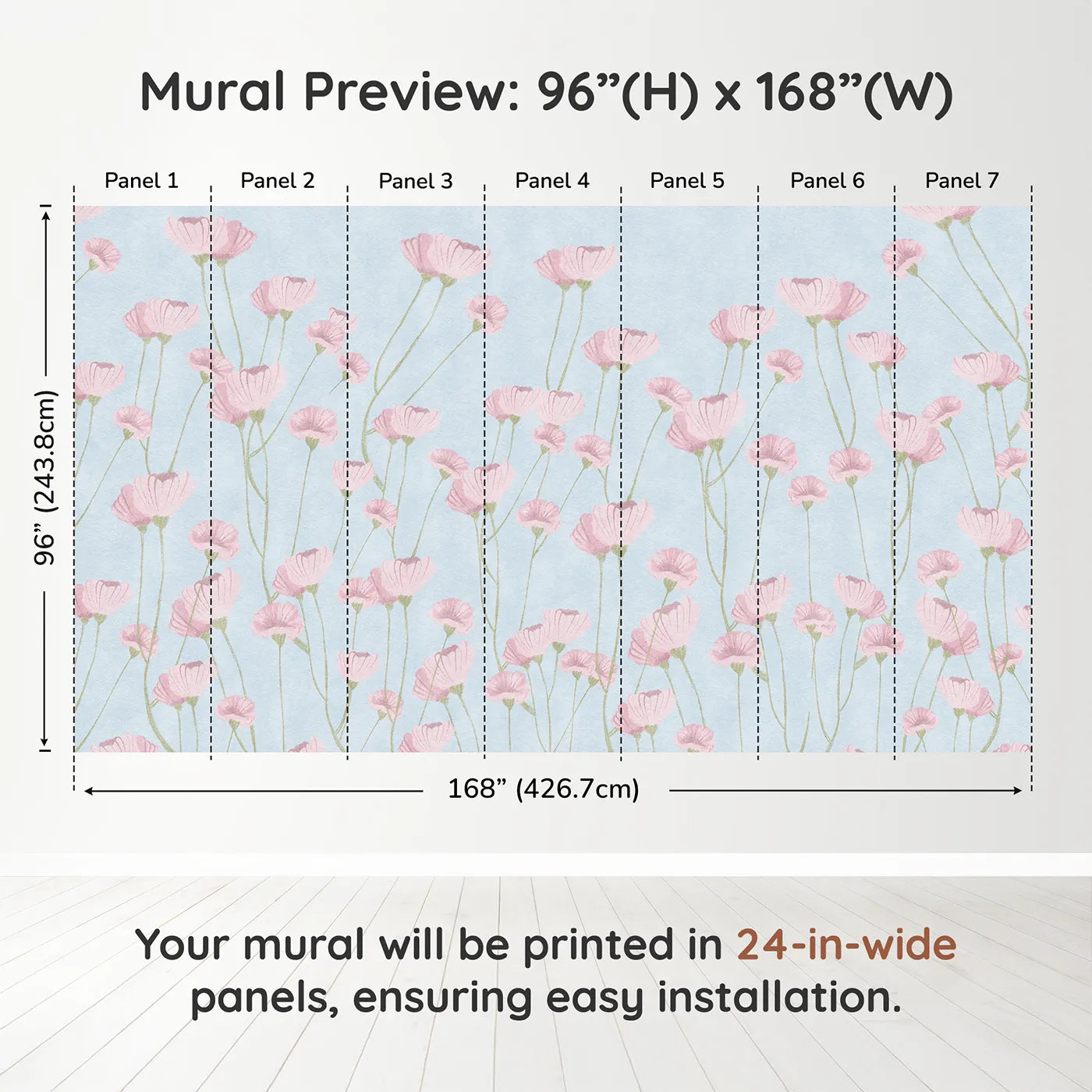 Whimsy Tots Pink Wildflower Field Wall Muraldimension view (96" H x 168" W). Printed in seven 24-inch-wide panels. Best for Girls