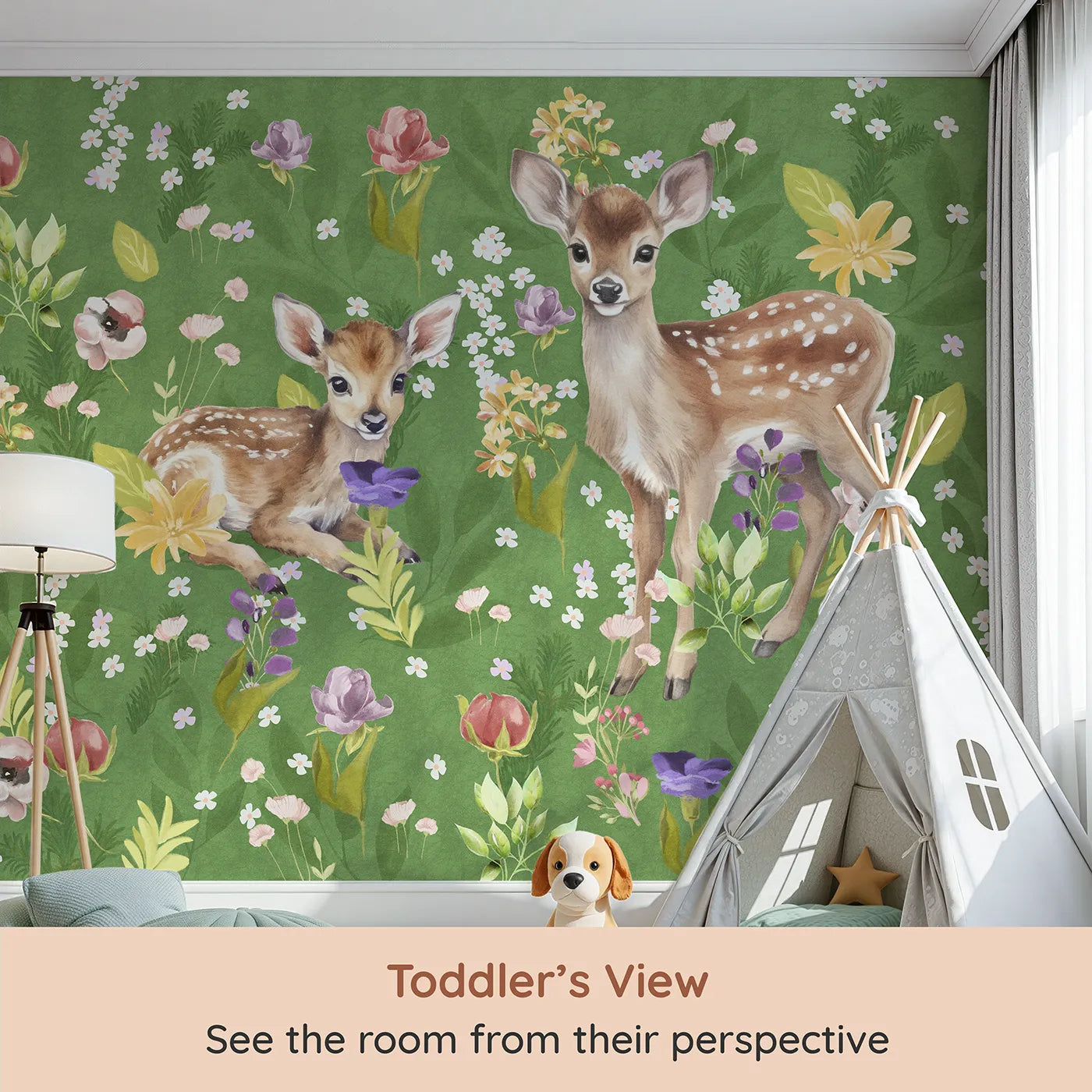 Whimsy Tots Fawns in the Flower Field Wall Mural (Turn Their Room into the Sweetest, Most Gentle Meadow) from your child's view.Gender-Neutral