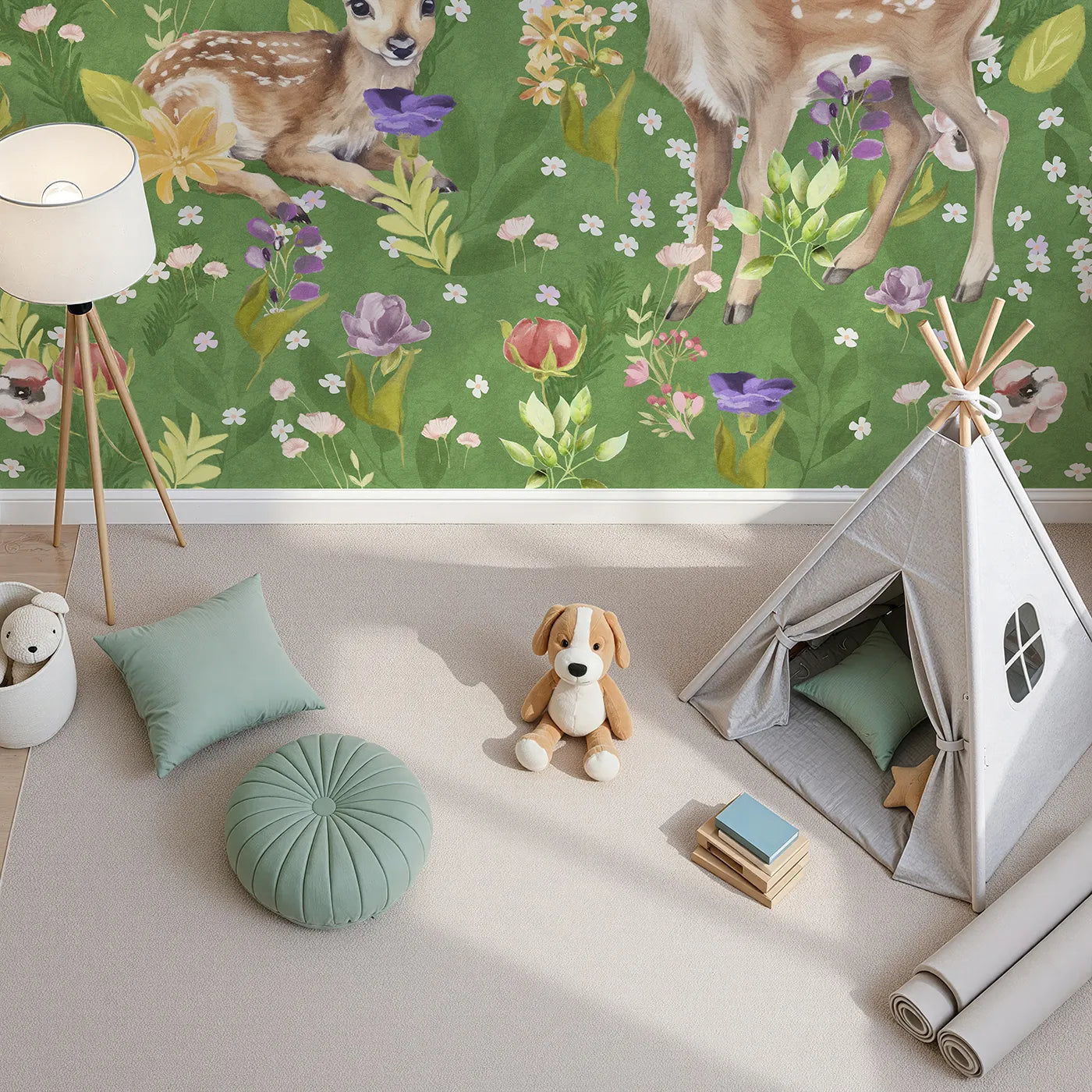 Top-down view of Whimsy Tots' Fawns in the Flower Field Wall Mural (Turn Their Room into the Sweetest, Most Gentle Meadow).Gender-Neutral