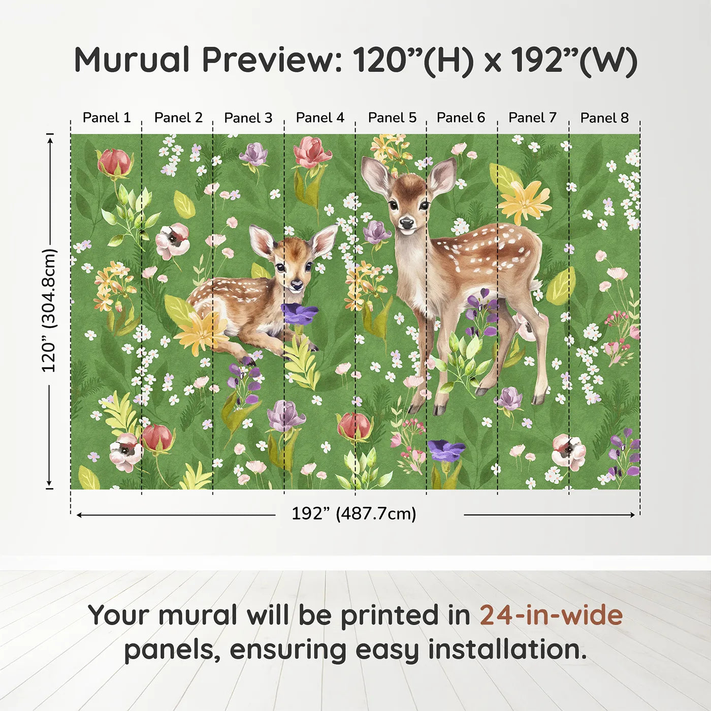 Whimsy Tots Fawns in the Flower Field Wall Muraldimension view (120" H x 192" W). Printed in eight 24-inch-wide panels. Gender-Neutral