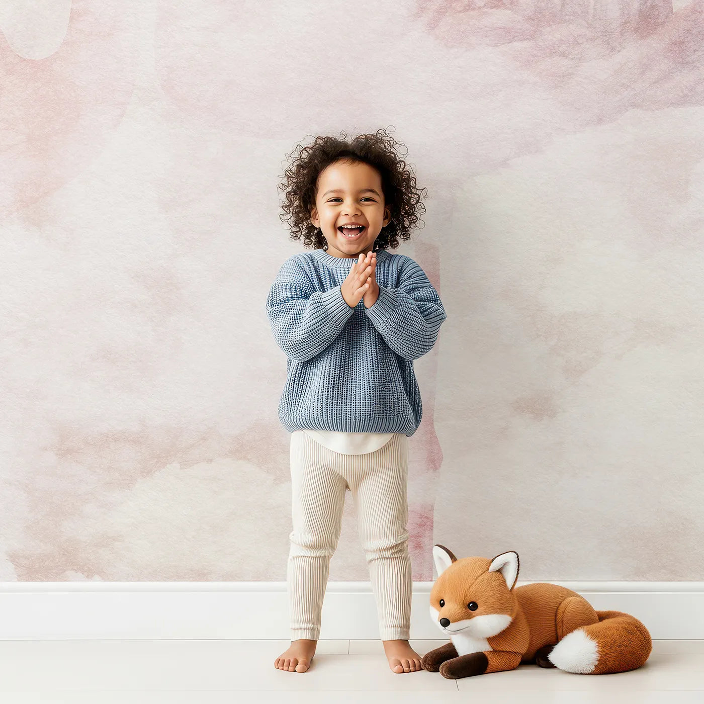 Child in front of Whimsy Tots Flamingo Dream Wall Mural with flamingo, pink, dream, cloud, abstract, romantic, sparkle, bird in design.