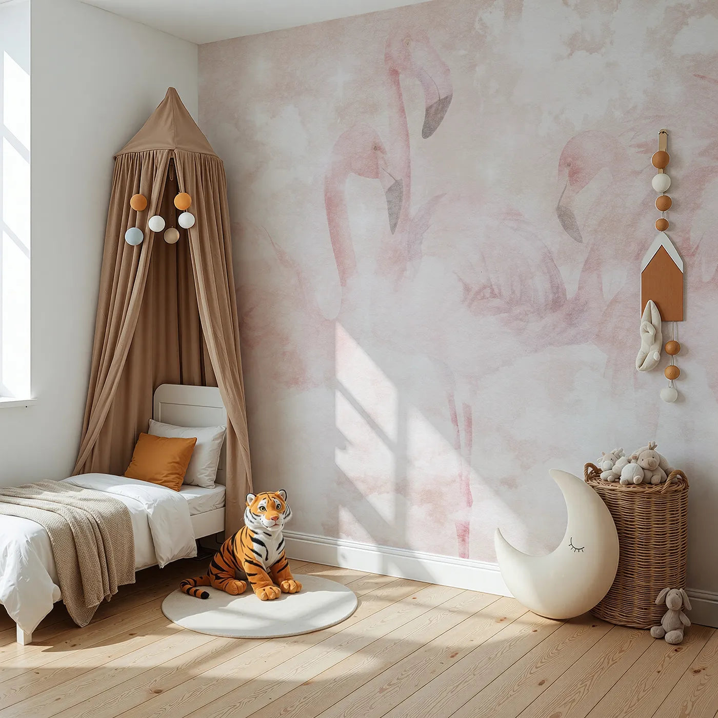 Angled view of Whimsy Tots' Flamingo Dream Wall Mural (Turn Their Room into a Soft and Dreamy Tropical Escape).Best for Girls