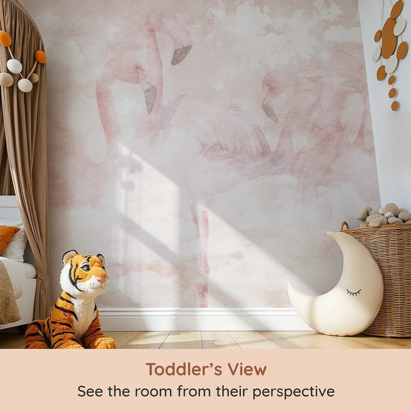 Whimsy Tots Flamingo Dream Wall Mural (Turn Their Room into a Soft and Dreamy Tropical Escape) from your child's view.Best for Girls