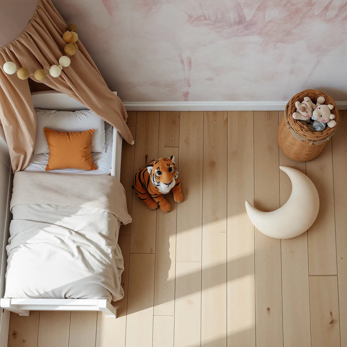 Top-down view of Whimsy Tots' Flamingo Dream Wall Mural (Turn Their Room into a Soft and Dreamy Tropical Escape).Best for Girls