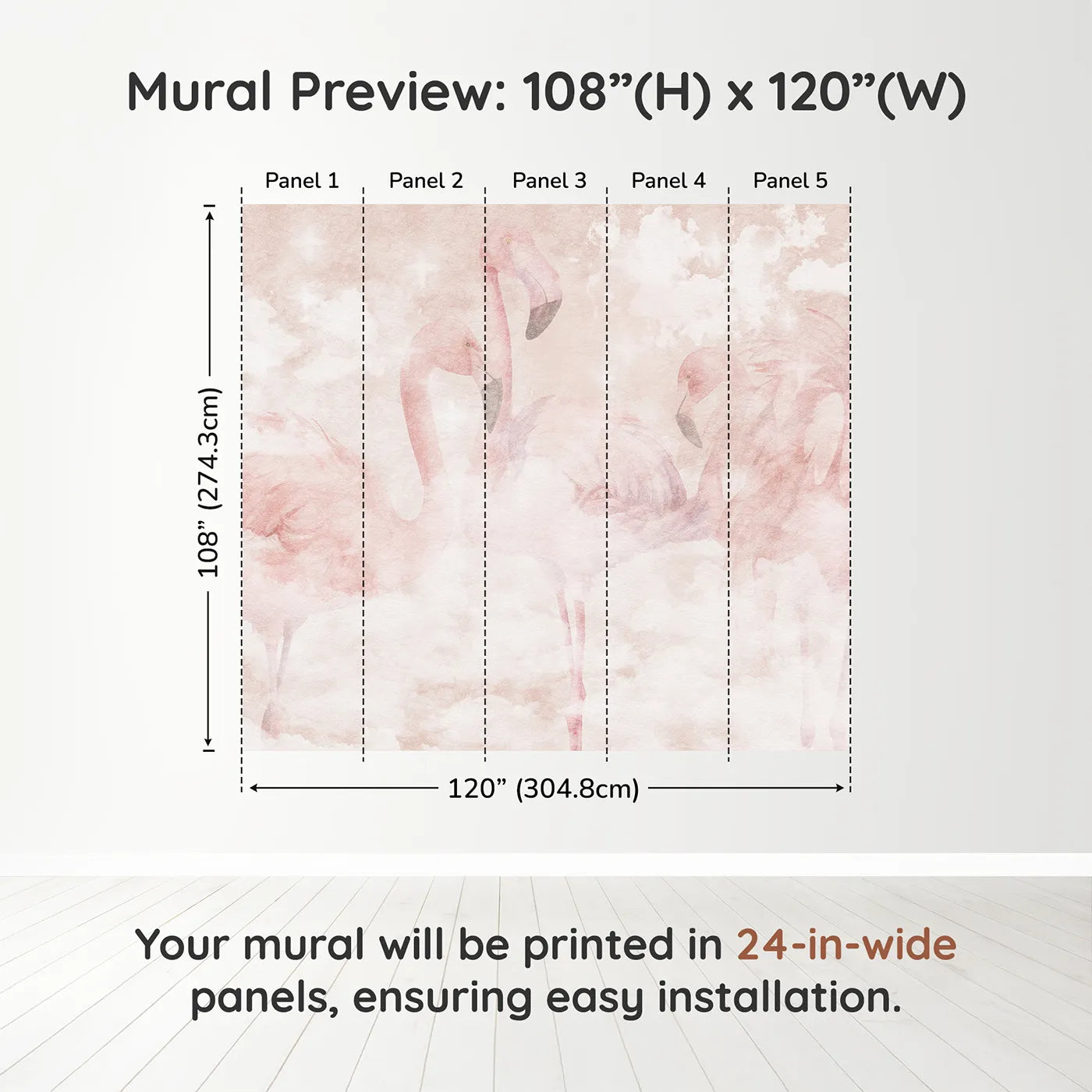 Whimsy Tots Flamingo Dream Wall Muraldimension view (108" H x 120" W). Printed in five 24-inch-wide panels. Best for Girls