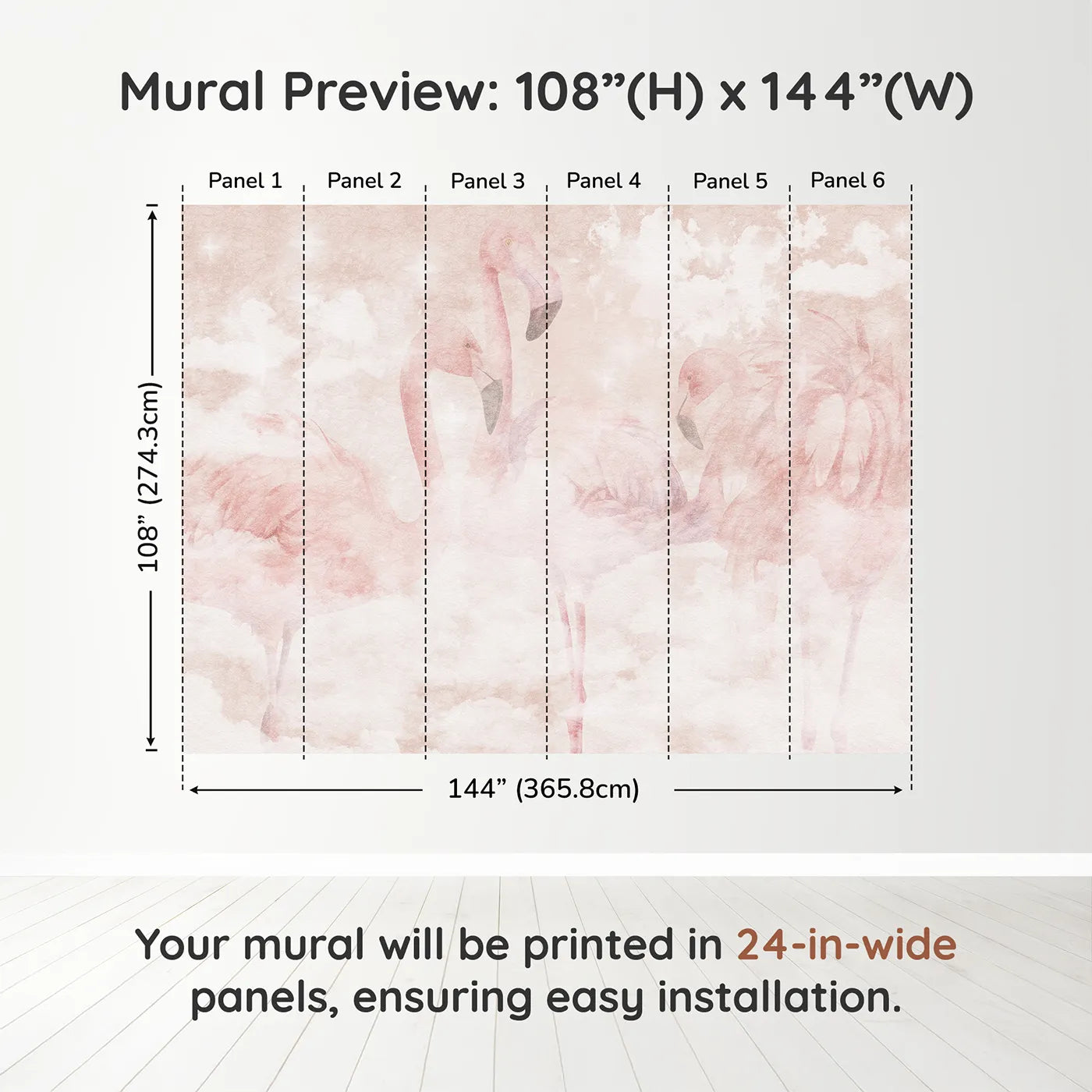 Whimsy Tots Flamingo Dream Wall Muraldimension view (108" H x 144" W). Printed in six 24-inch-wide panels. Best for Girls