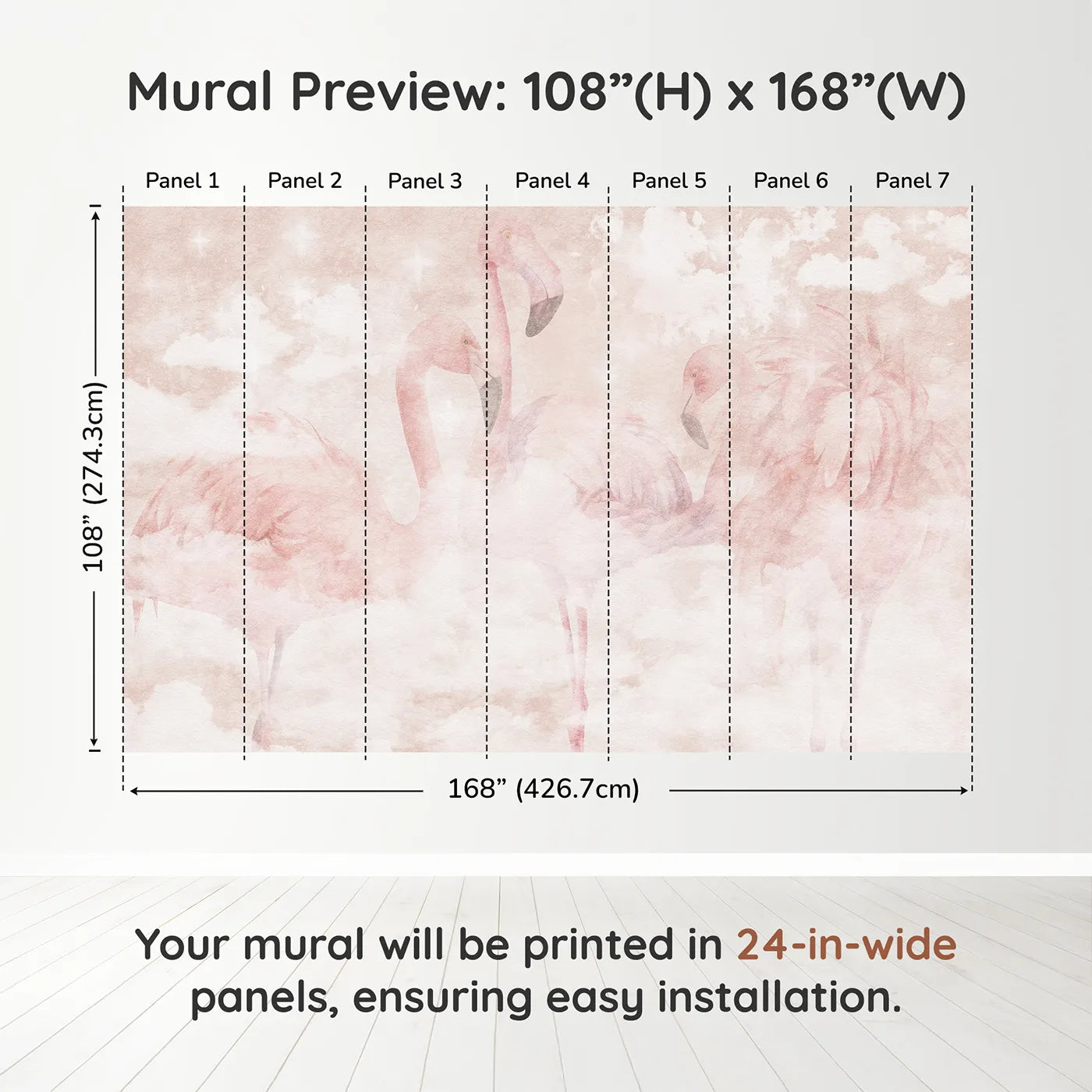 Whimsy Tots Flamingo Dream Wall Muraldimension view (108" H x 168" W). Printed in seven 24-inch-wide panels. Best for Girls