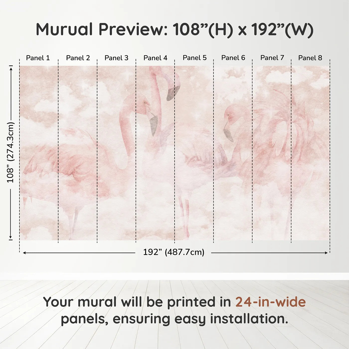 Whimsy Tots Flamingo Dream Wall Muraldimension view (108" H x 192" W). Printed in eight 24-inch-wide panels. Best for Girls