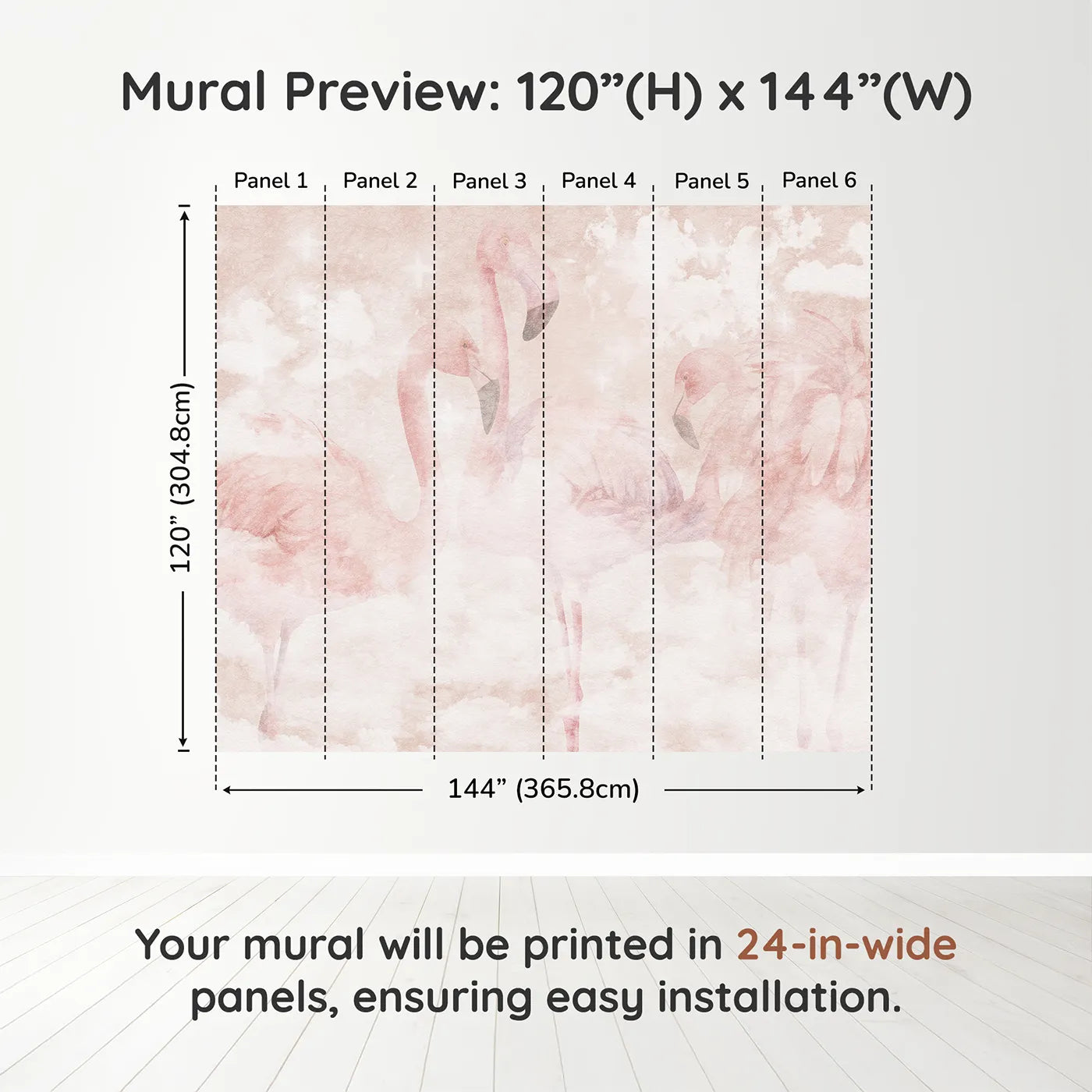 Whimsy Tots Flamingo Dream Wall Muraldimension view (120" H x 144" W). Printed in six 24-inch-wide panels. Best for Girls