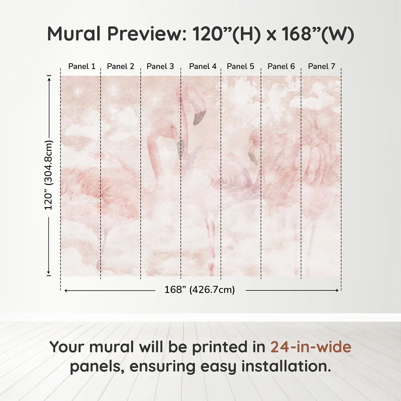 Whimsy Tots Flamingo Dream Wall Muraldimension view (120" H x 168" W). Printed in seven 24-inch-wide panels. Best for Girls