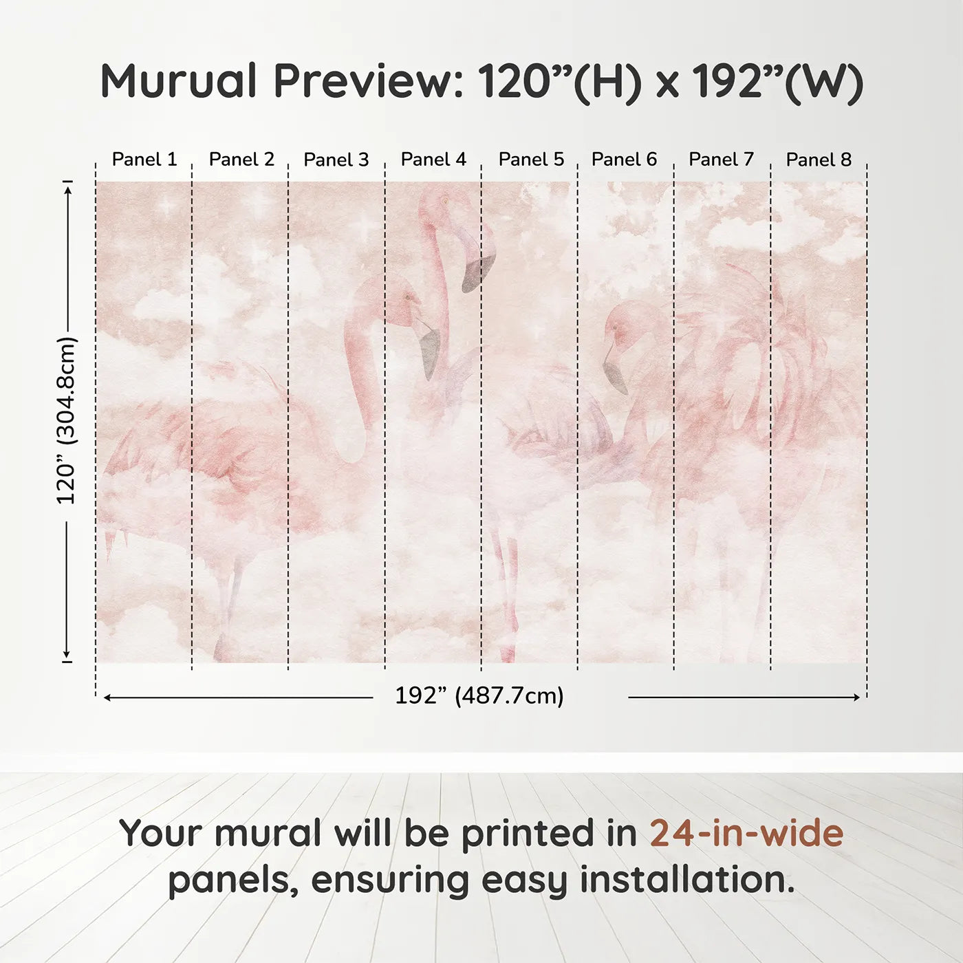 Whimsy Tots Flamingo Dream Wall Muraldimension view (120" H x 192" W). Printed in eight 24-inch-wide panels. Best for Girls