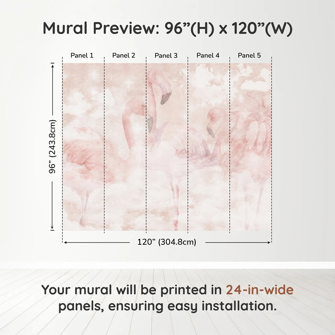 Whimsy Tots Flamingo Dream Wall Muraldimension view (96" H x 120" W). Printed in five 24-inch-wide panels. Best for Girls