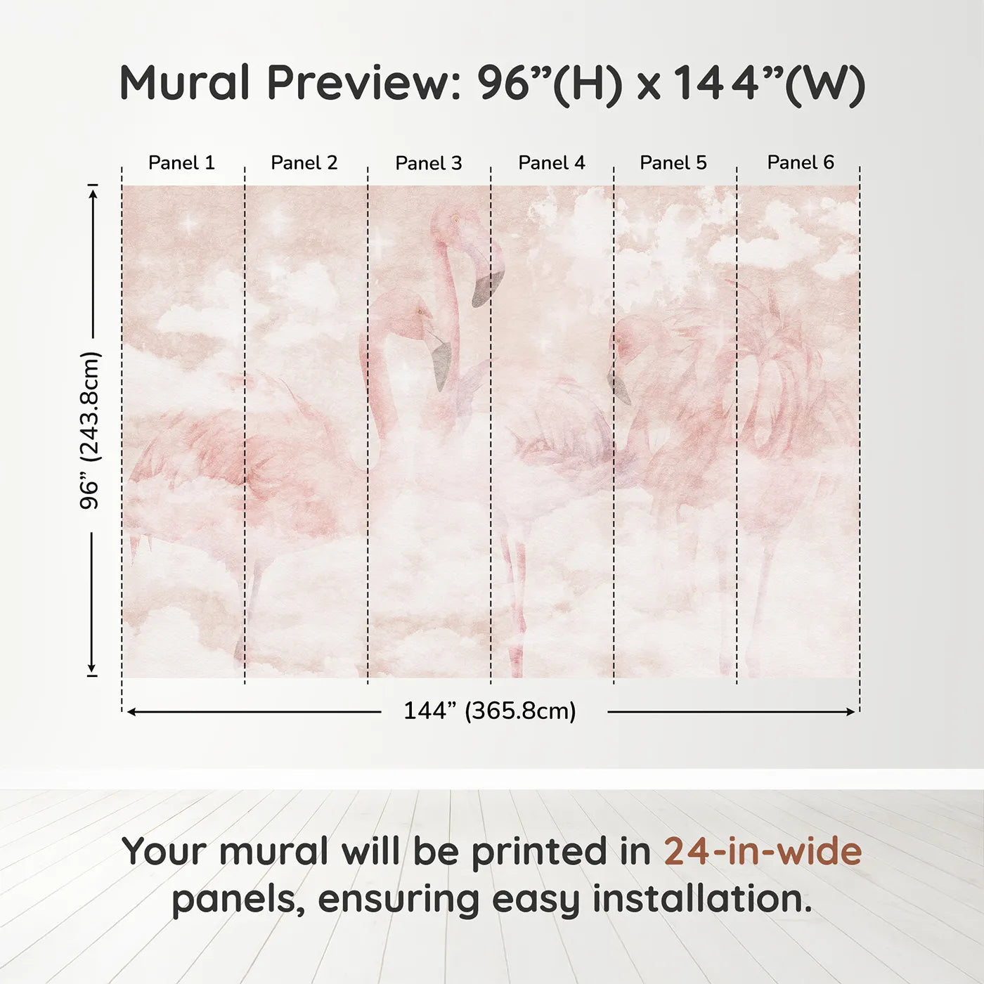 Whimsy Tots Flamingo Dream Wall Muraldimension view (96" H x 144" W). Printed in six 24-inch-wide panels. Best for Girls