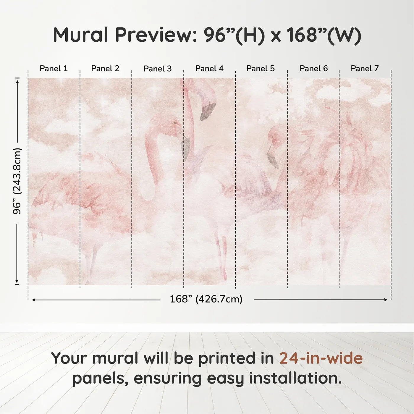 Whimsy Tots Flamingo Dream Wall Muraldimension view (96" H x 168" W). Printed in seven 24-inch-wide panels. Best for Girls