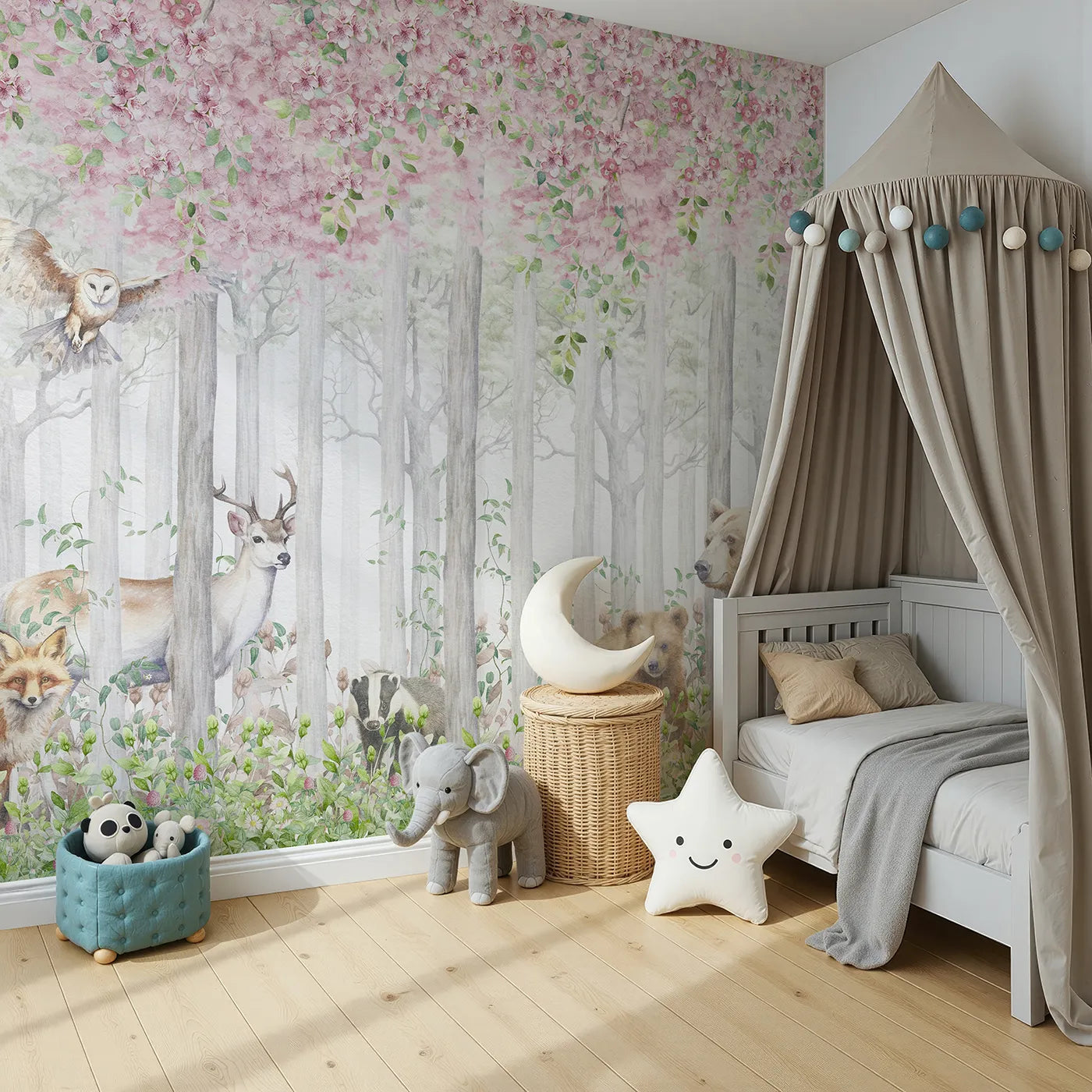 Angled view of Whimsy Tots' Blossom Forest Friends Wall Mural (Turn Their Room into an Enchanted, Blooming Woodland).Gender-Neutral