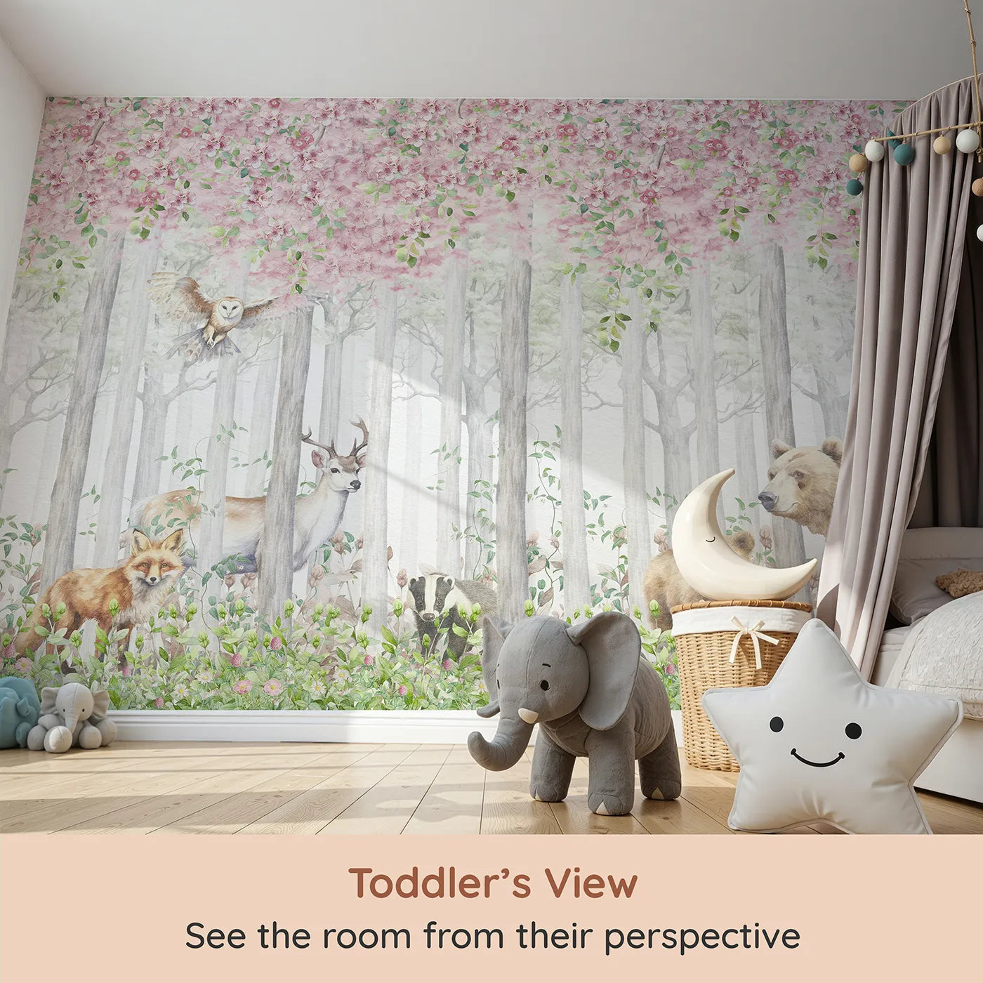 Whimsy Tots Blossom Forest Friends Wall Mural (Turn Their Room into an Enchanted, Blooming Woodland) from your child's view.Gender-Neutral
