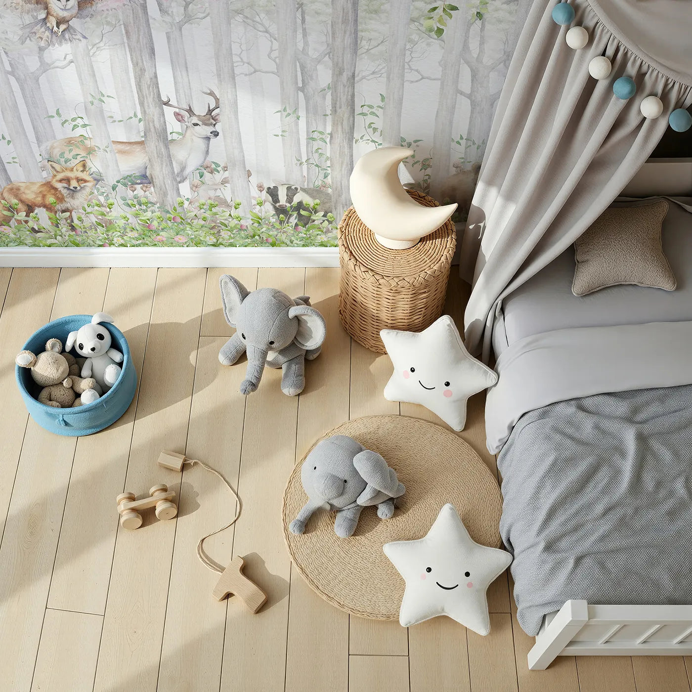 Top-down view of Whimsy Tots' Blossom Forest Friends Wall Mural (Turn Their Room into an Enchanted, Blooming Woodland).Gender-Neutral