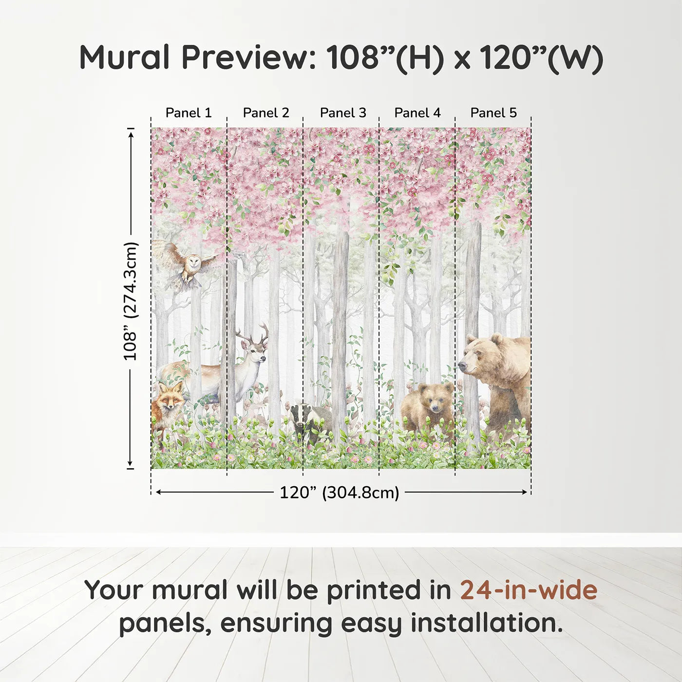 Whimsy Tots Blossom Forest Friends Wall Muraldimension view (108" H x 120" W). Printed in five 24-inch-wide panels. Gender-Neutral