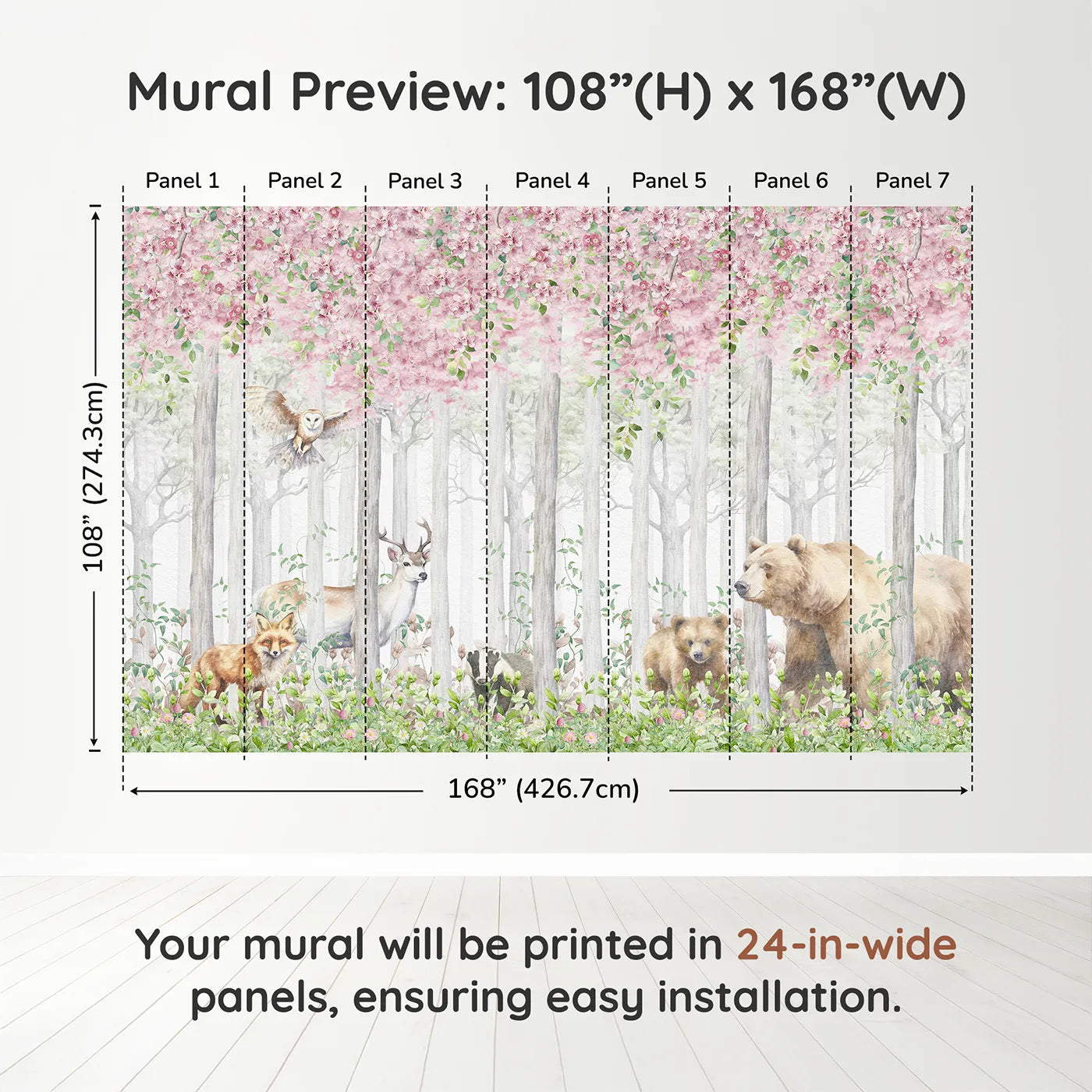 Whimsy Tots Blossom Forest Friends Wall Muraldimension view (108" H x 168" W). Printed in seven 24-inch-wide panels. Gender-Neutral