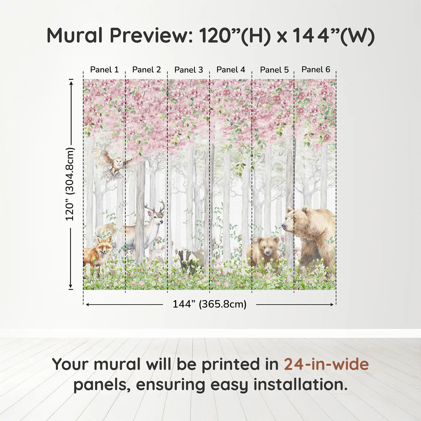 Whimsy Tots Blossom Forest Friends Wall Muraldimension view (120" H x 144" W). Printed in six 24-inch-wide panels. Gender-Neutral