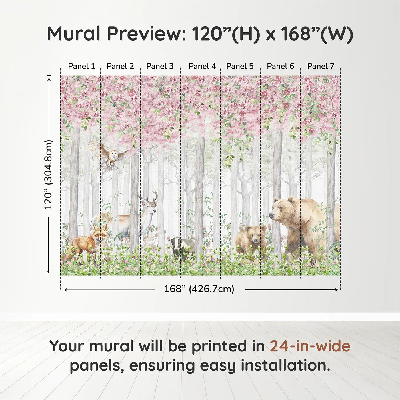 Whimsy Tots Blossom Forest Friends Wall Muraldimension view (120" H x 168" W). Printed in seven 24-inch-wide panels. Gender-Neutral