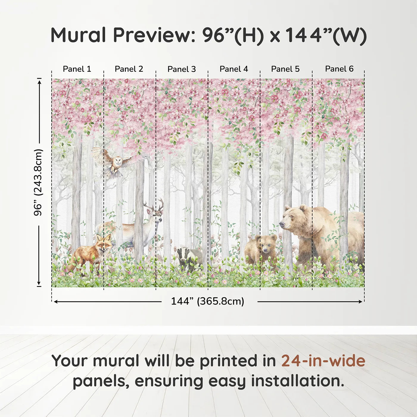 Whimsy Tots Blossom Forest Friends Wall Muraldimension view (96" H x 144" W). Printed in six 24-inch-wide panels. Gender-Neutral