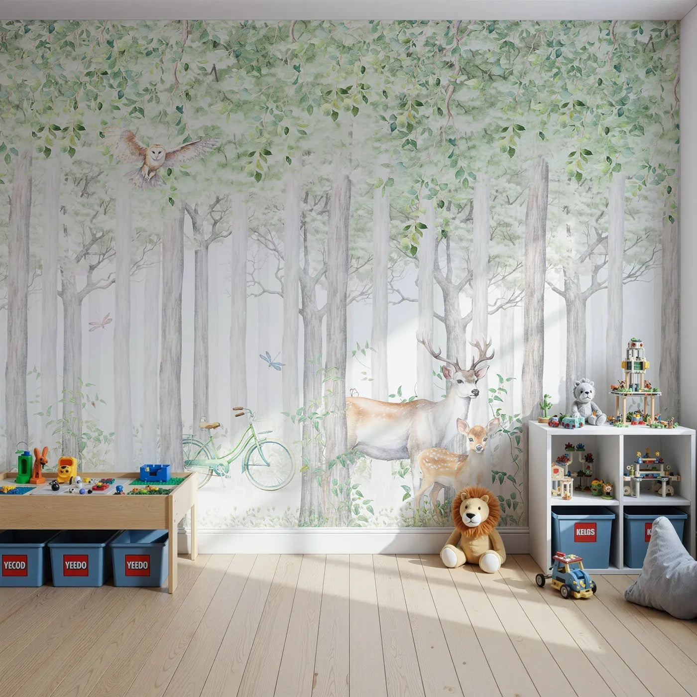 Front view of Whimsy Tots' Summer Woods Wall Mural