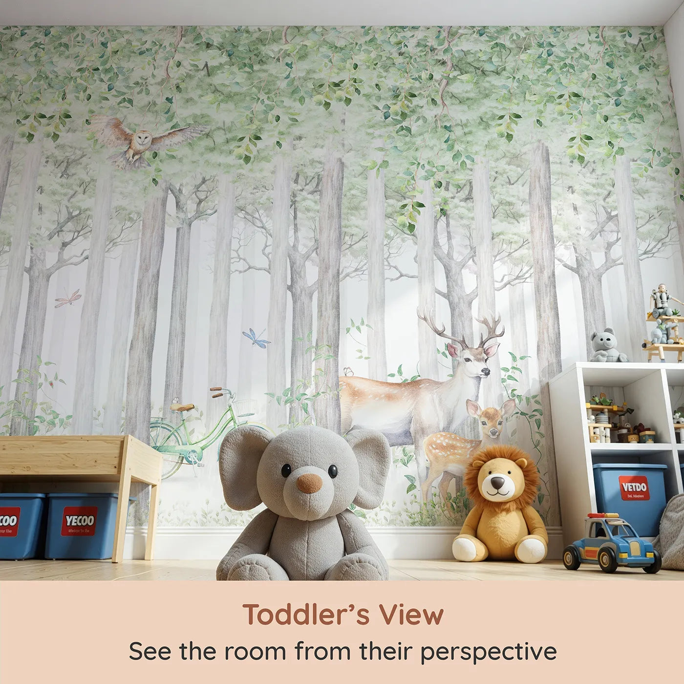 Whimsy Tots Summer Woods Wall Mural (Turn Their Room into a Fresh and Leafy Forest Clearing) from your child's view.Gender-Neutral