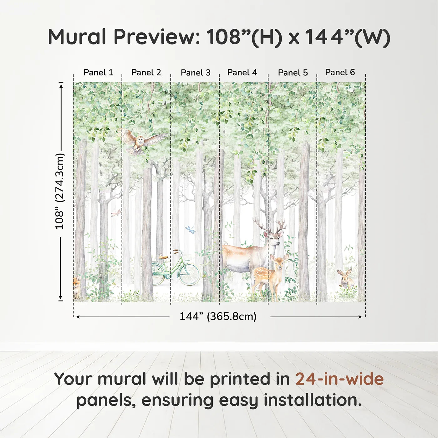 Whimsy Tots Summer Woods Wall Muraldimension view (108" H x 144" W). Printed in six 24-inch-wide panels. Gender-Neutral