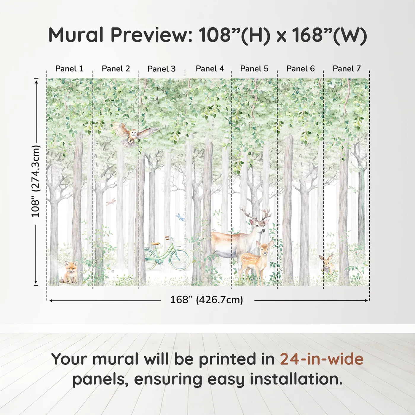 Whimsy Tots Summer Woods Wall Muraldimension view (108" H x 168" W). Printed in seven 24-inch-wide panels. Gender-Neutral