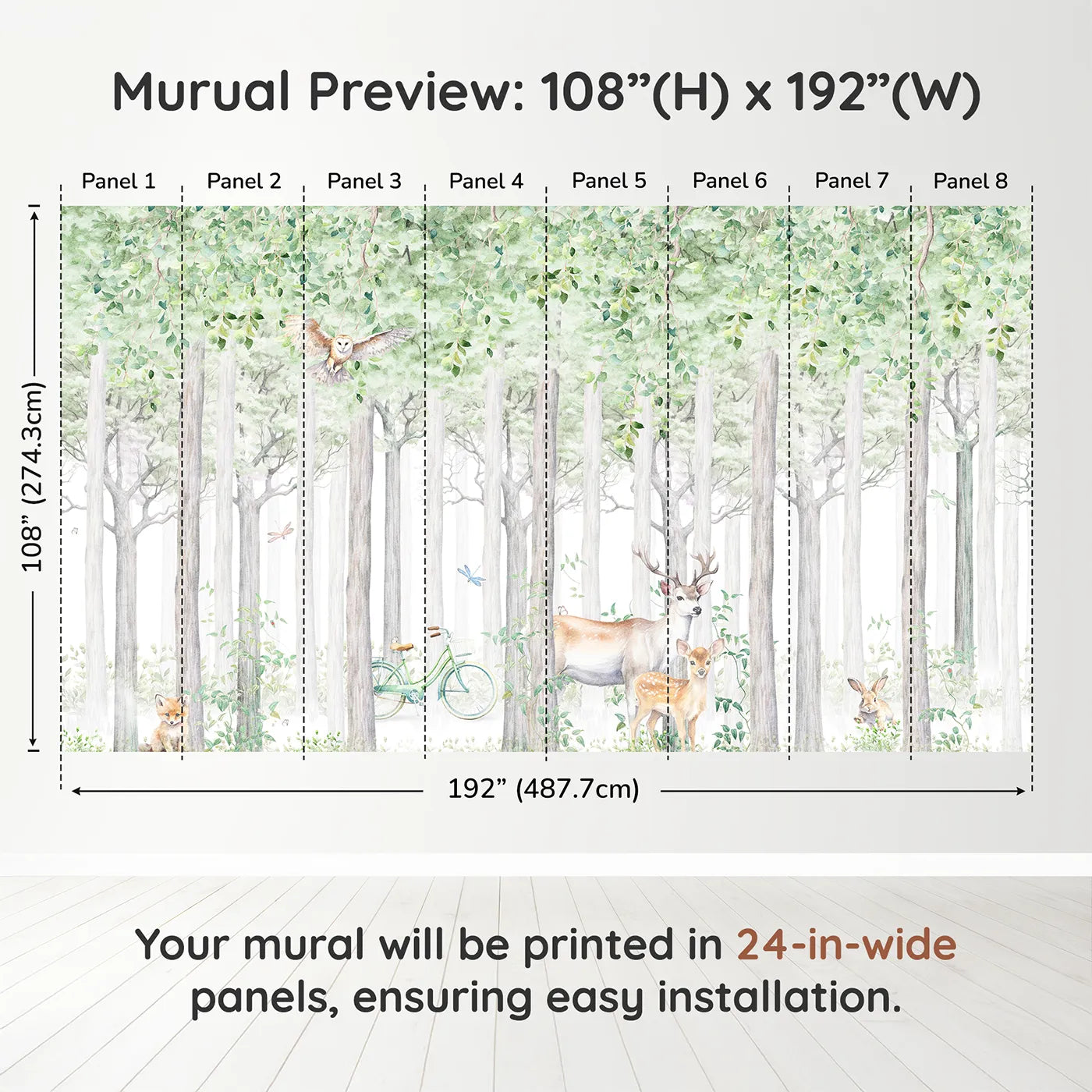 Whimsy Tots Summer Woods Wall Muraldimension view (108" H x 192" W). Printed in eight 24-inch-wide panels. Gender-Neutral